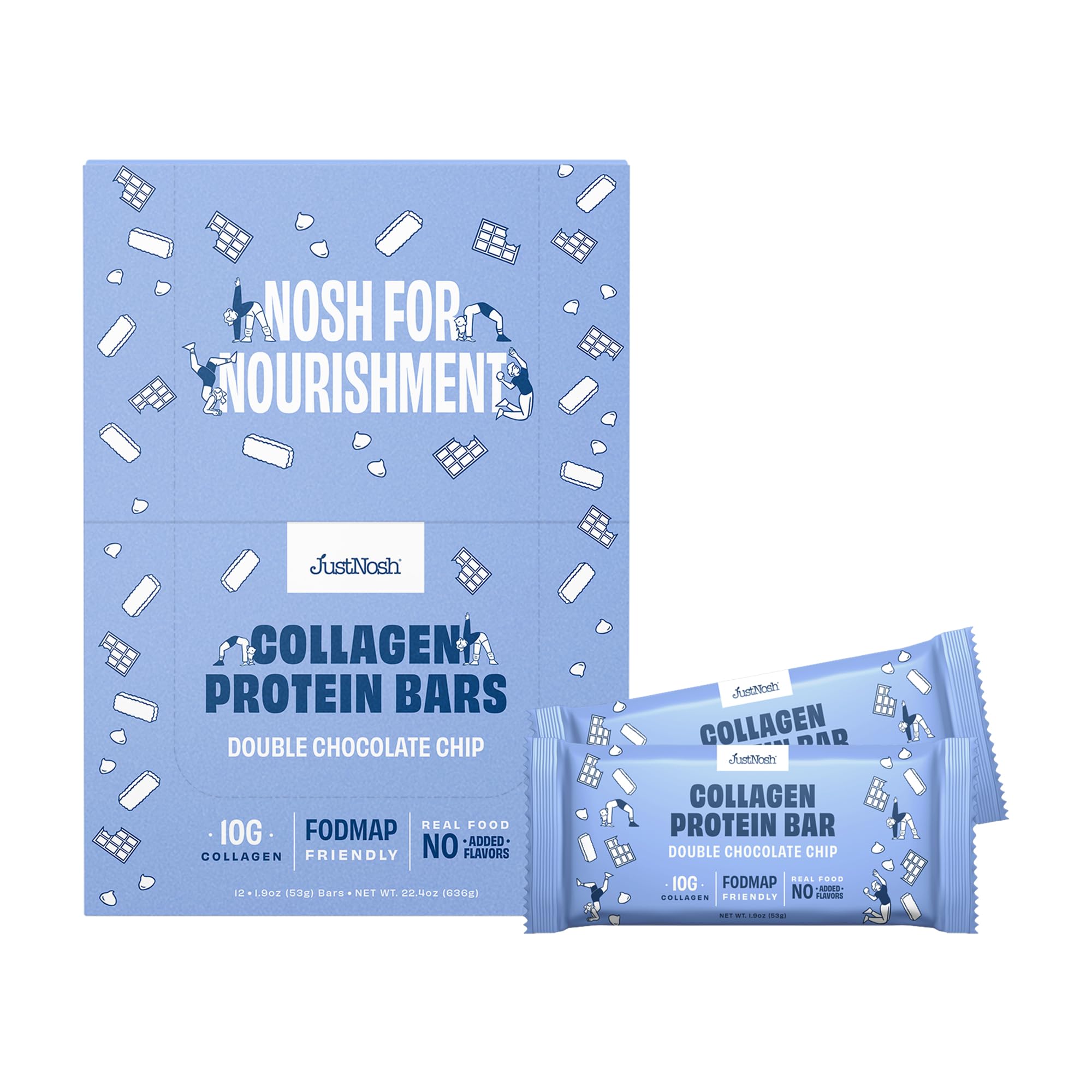 JUSTNOSH Double Chocolate Chip Collagen Protein Bar packaging front
