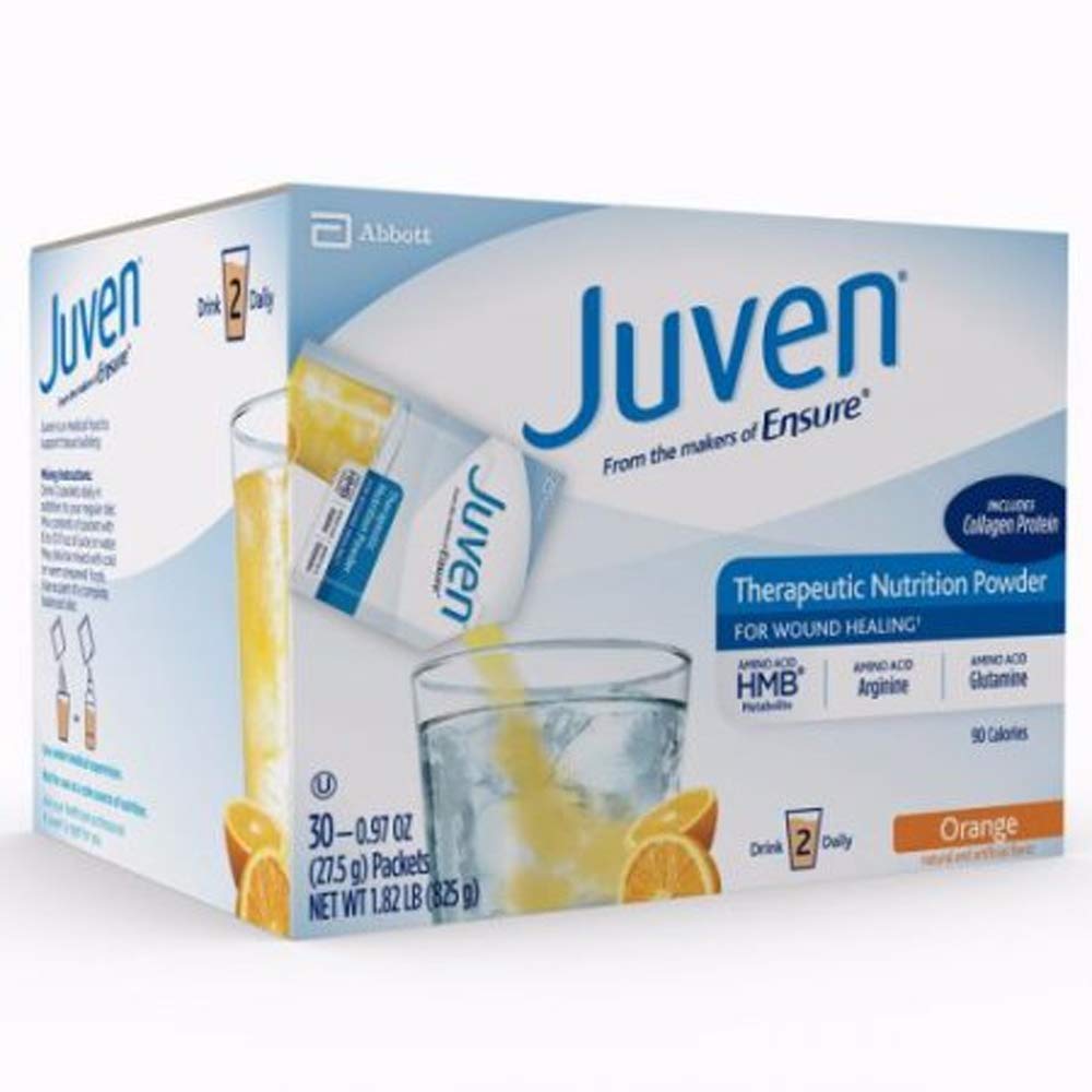 Juven Therapeutic Nutrition Drink Mix orange pour demonstrates easy mixing for healing support and daily activity.