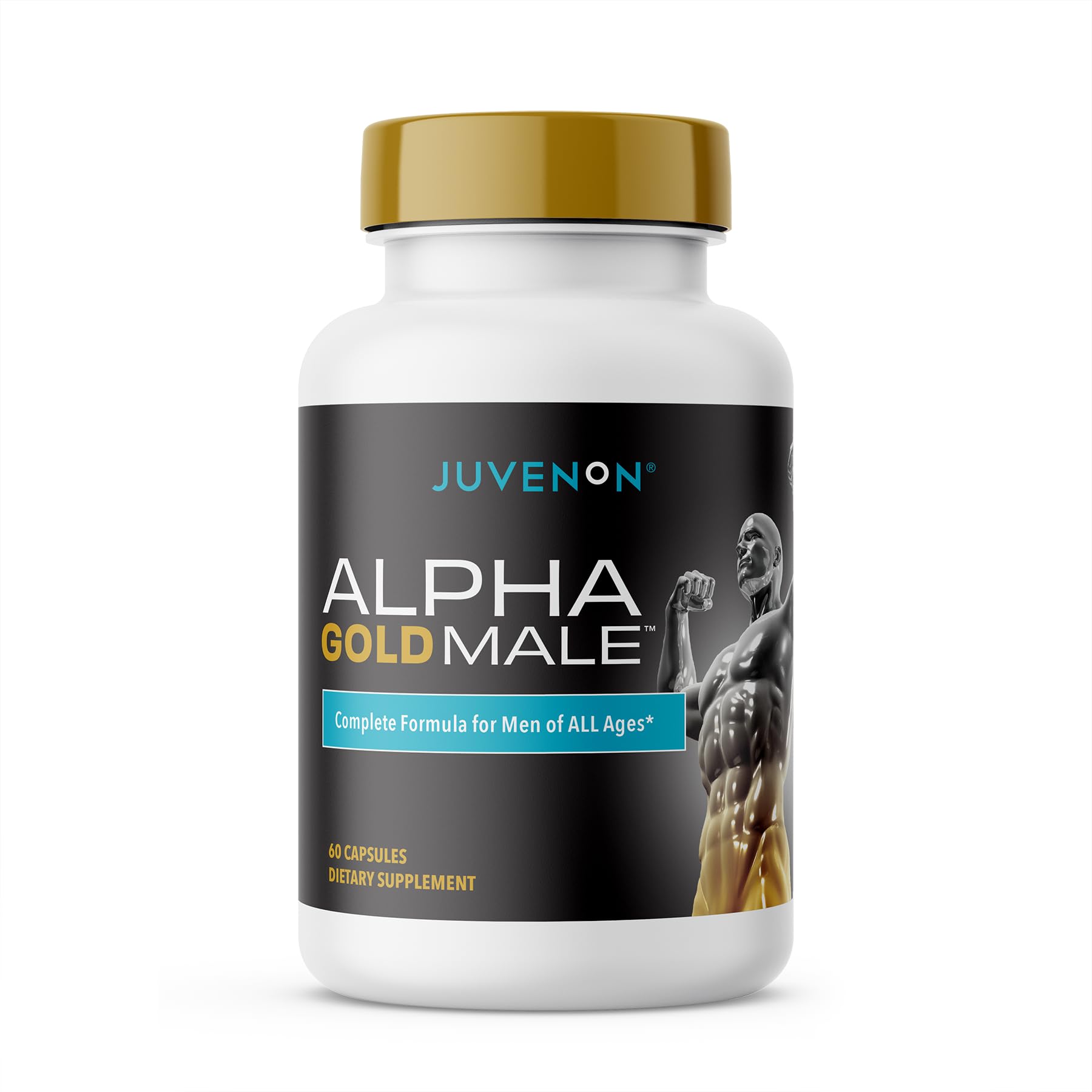 Juvenon Alpha Gold Male bottle closeup shows premium packaging for daily wellness support.