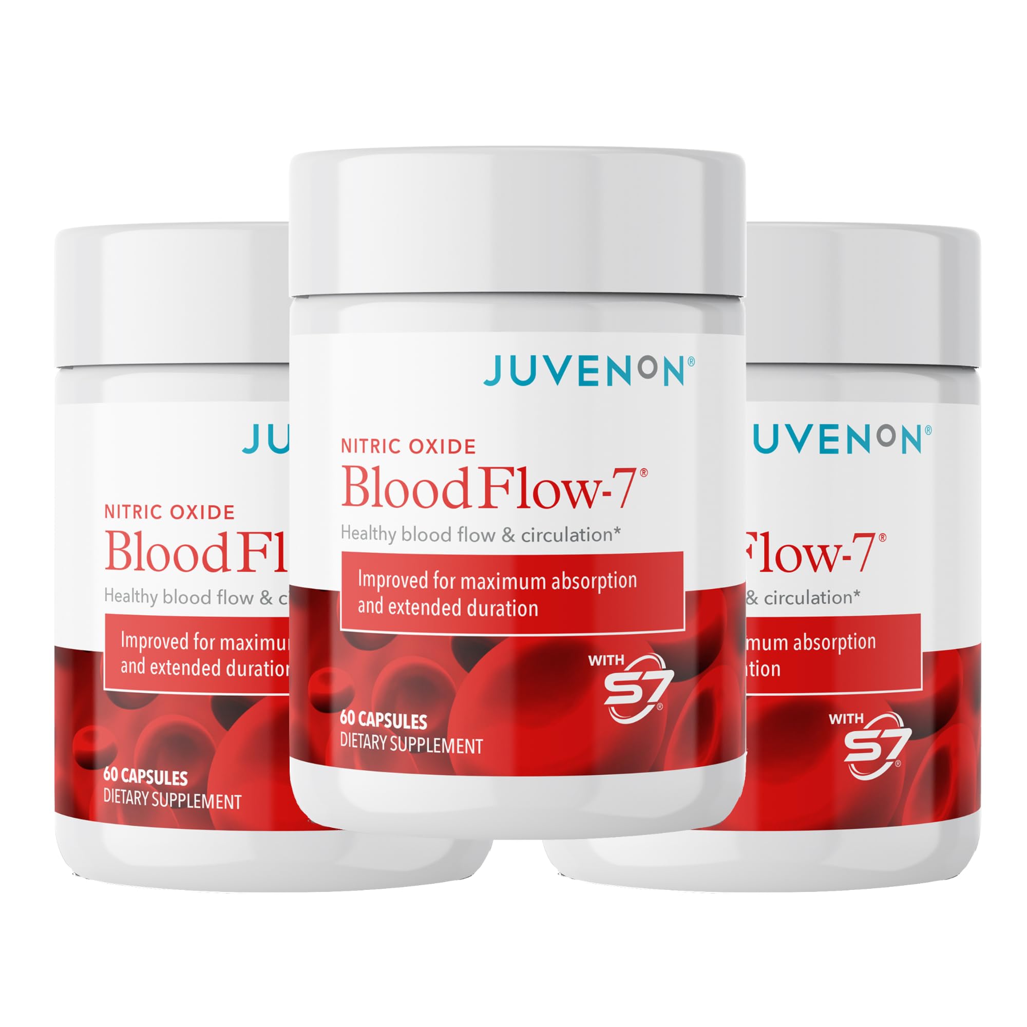 Juvenon BloodFlow-7 Nitric Oxide supplement bottle with Nitrosigine