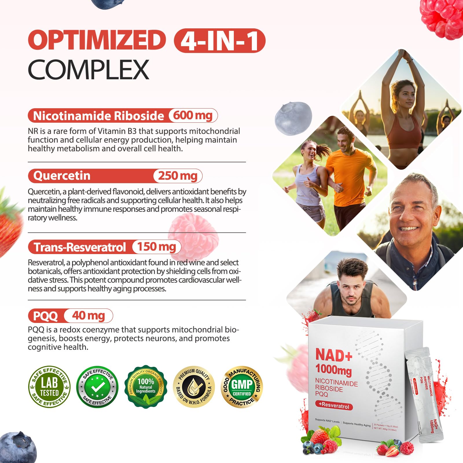 Ingredient highlights featuring NR, Resveratrol, Quercetin