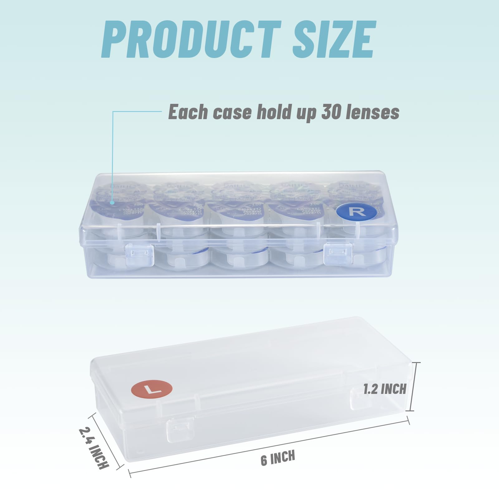 Open case showing 30 lenses per case