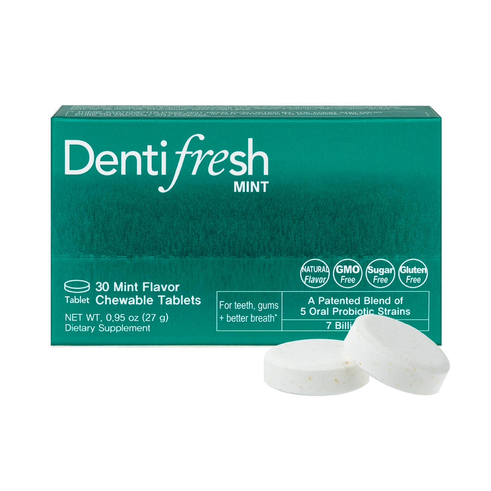 Front view of K-Nutra Dentifresh Mint Xylitol Tabs packaging