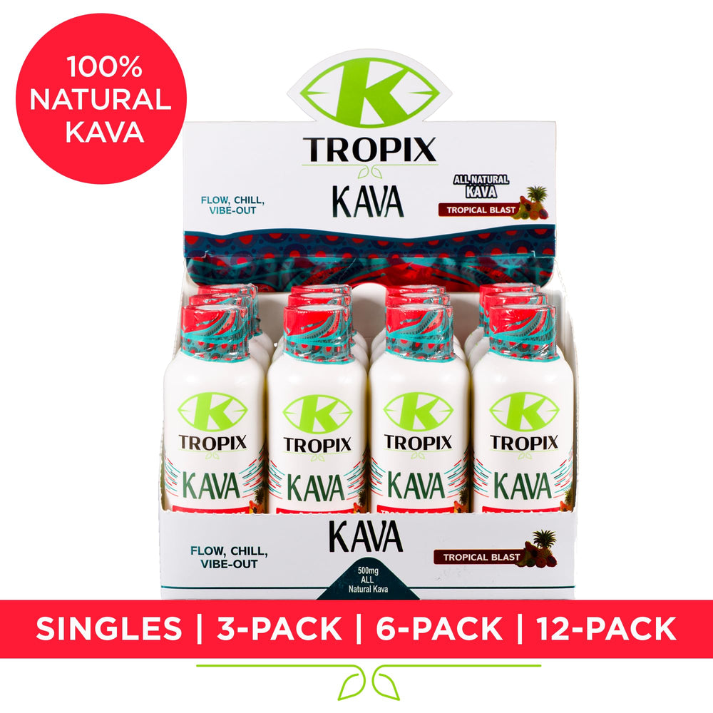 Open bottle with ready-to-drink Kava Shot Tropical Blast