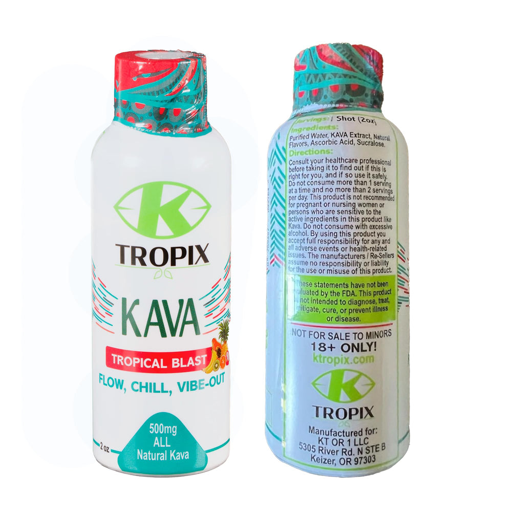 K-Tropix Kava Shot Tropical Blast packaging and branding