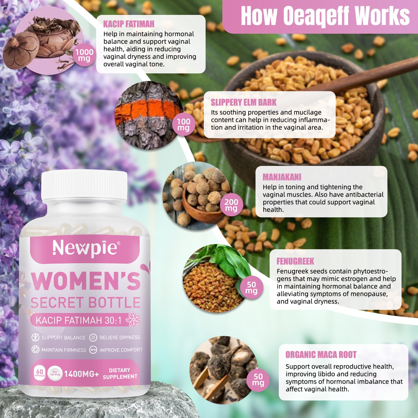 Capsule bottle showing Kacip Fatimah 1000mg and Manjakni 200mg ingredients