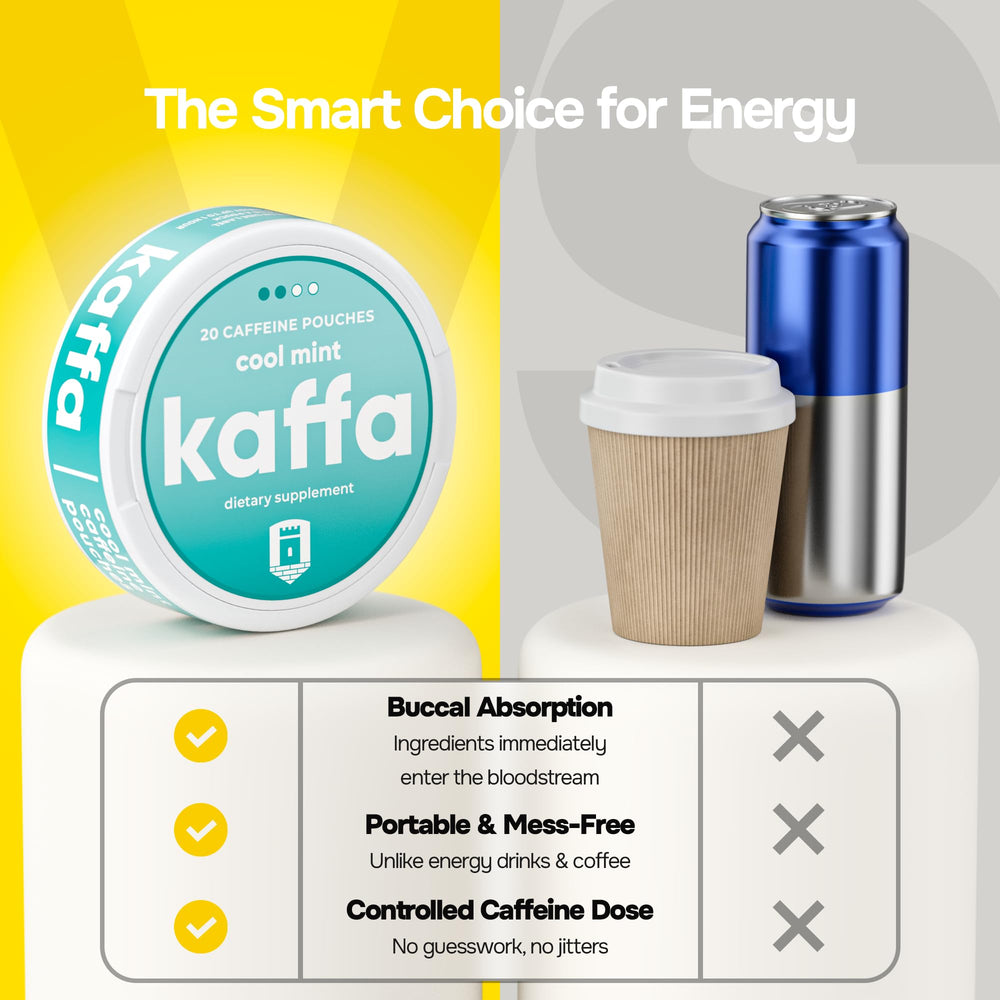 Kaffa Energy Pouches zero calories claim on label for guilt-free energy.