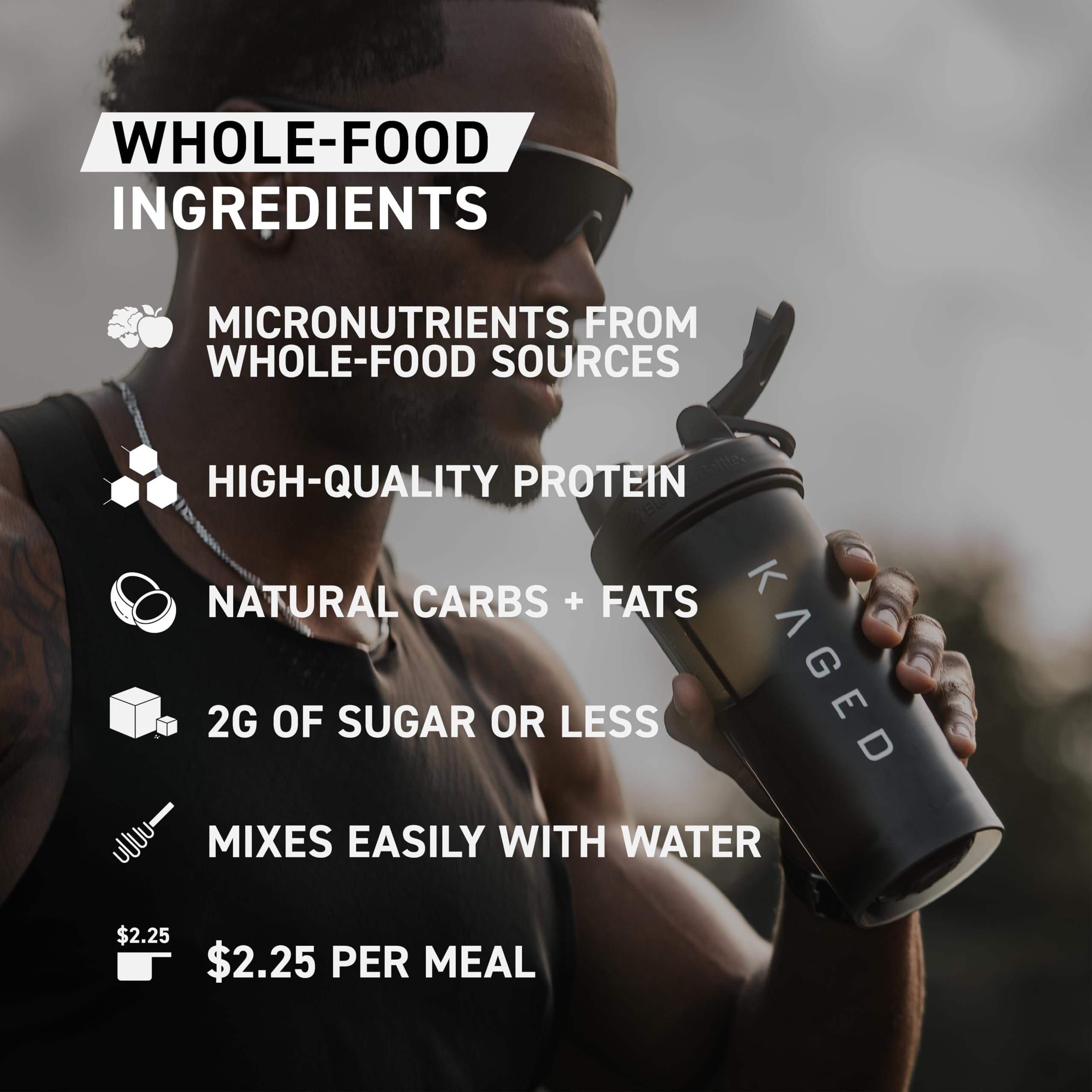 Kaged Clean Meal ingredients bowl featuring oats, quinoa, and organic vitamins