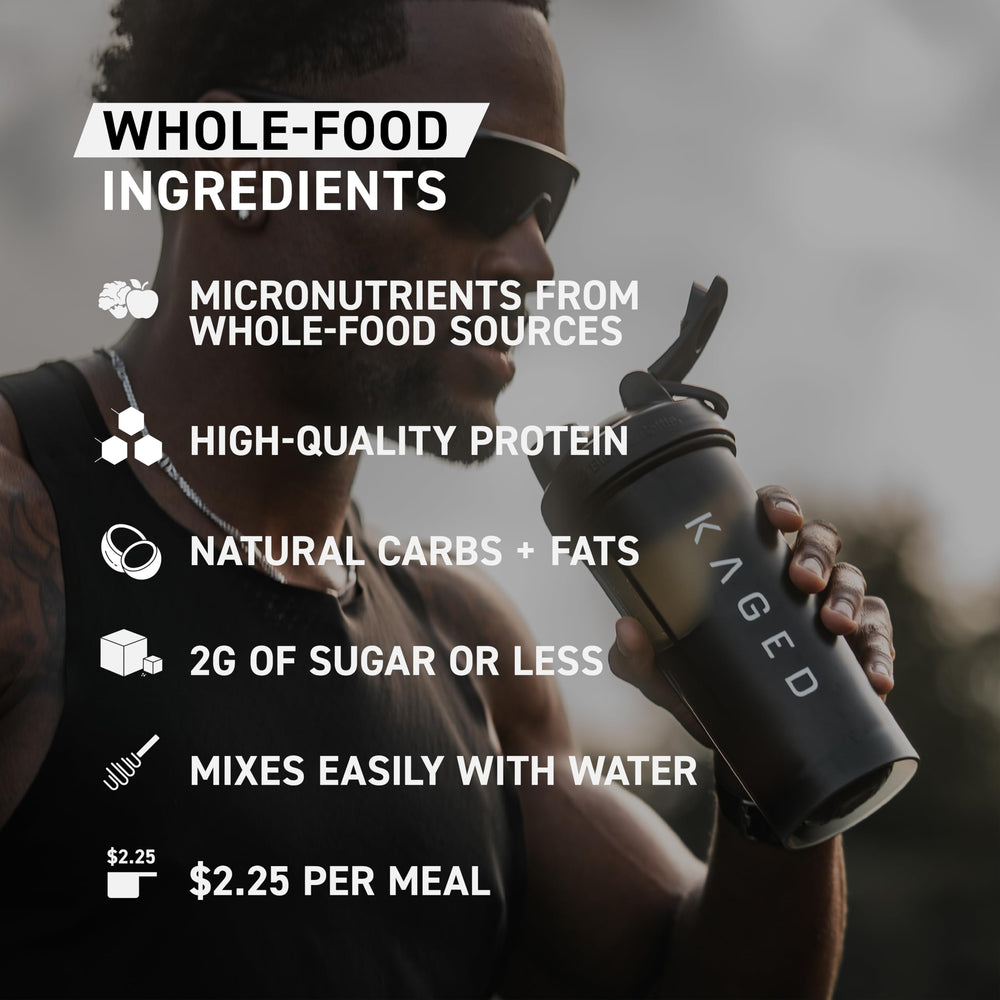 Kaged Clean Meal ingredients bowl featuring oats, quinoa, and organic vitamins