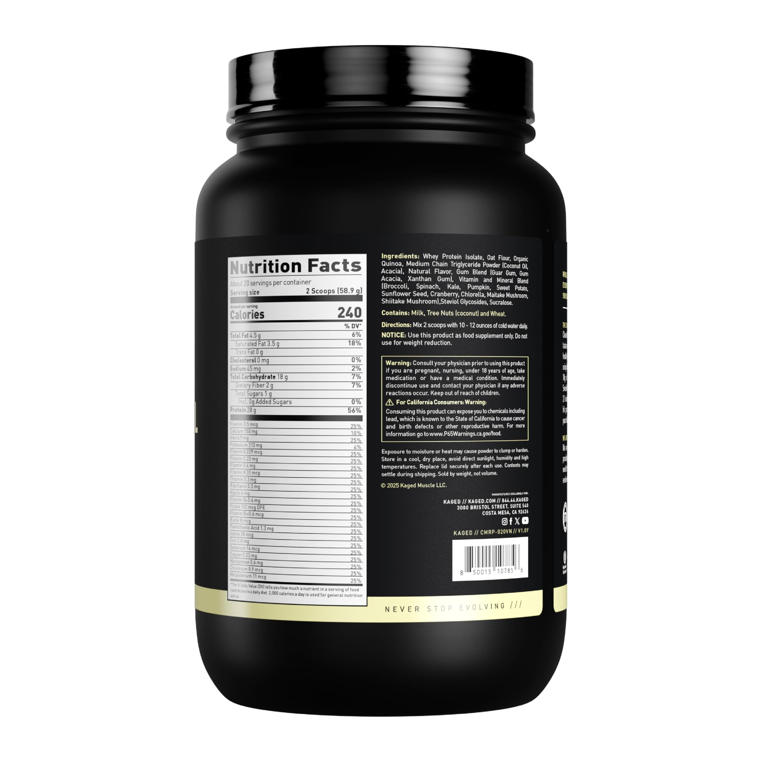 Kaged Clean Meal shake in a glass highlights creamy vanilla flavor and quick meal replacement