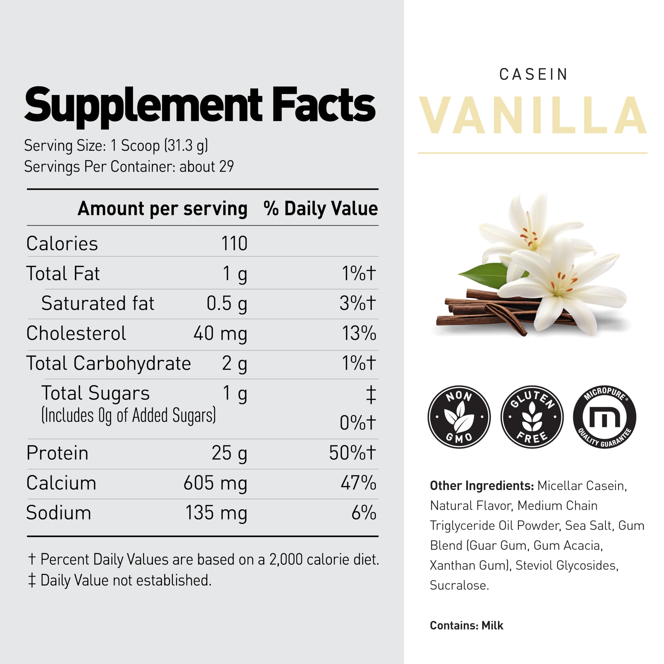 Kaged Kasein vanilla ingredients panel highlights transparent nutrition details