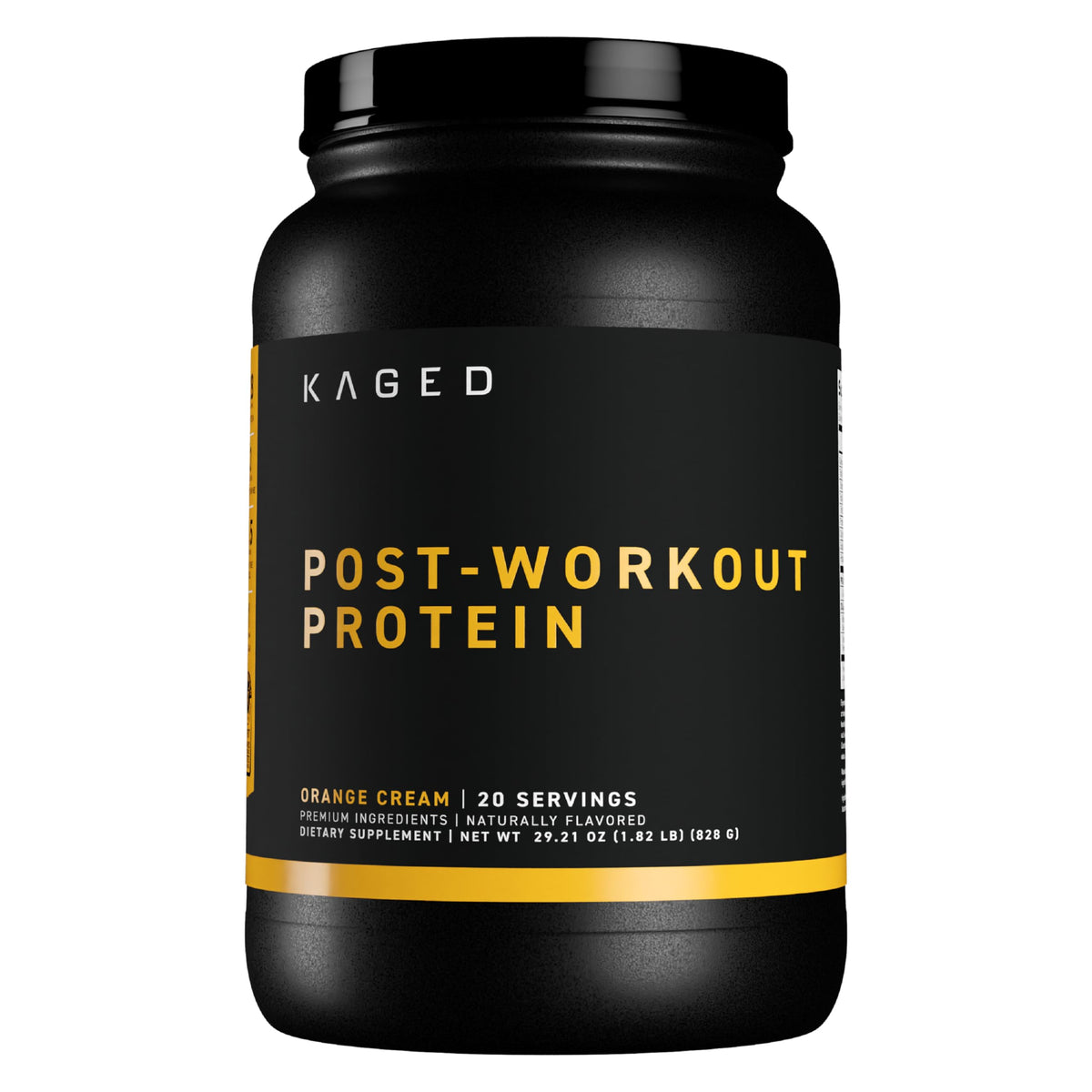 Kaged Post Workout Protein tub in orange cream highlights flavor and recovery potential.