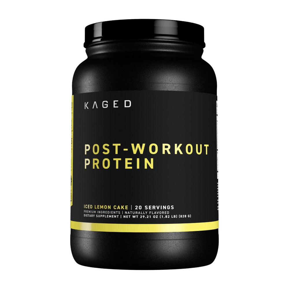 Kaged Post Workout Protein tub with iced lemon cake flavor ready for post-workout recovery.