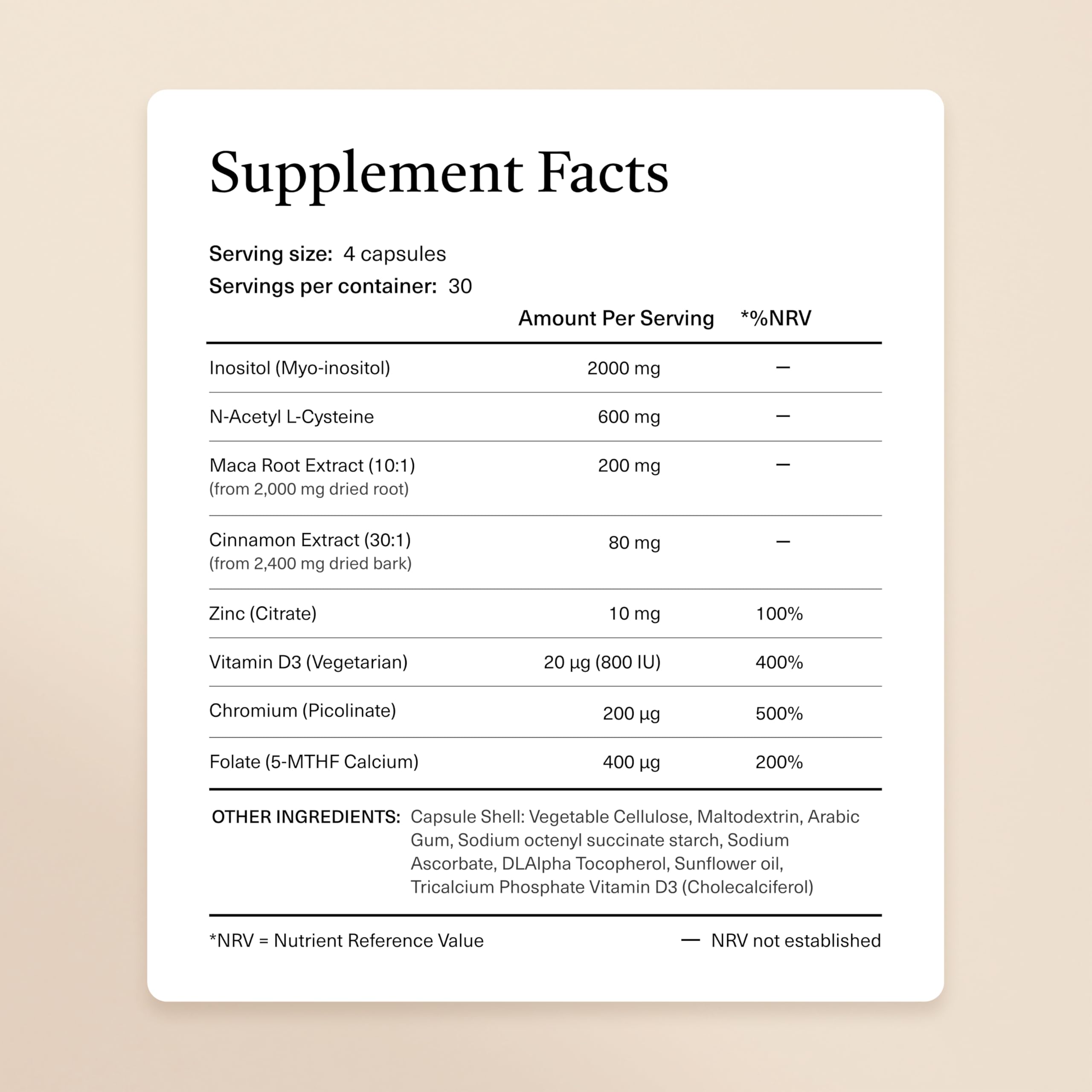 kailea supplement label close view listing Myo-Inositol and other ingredients benefit