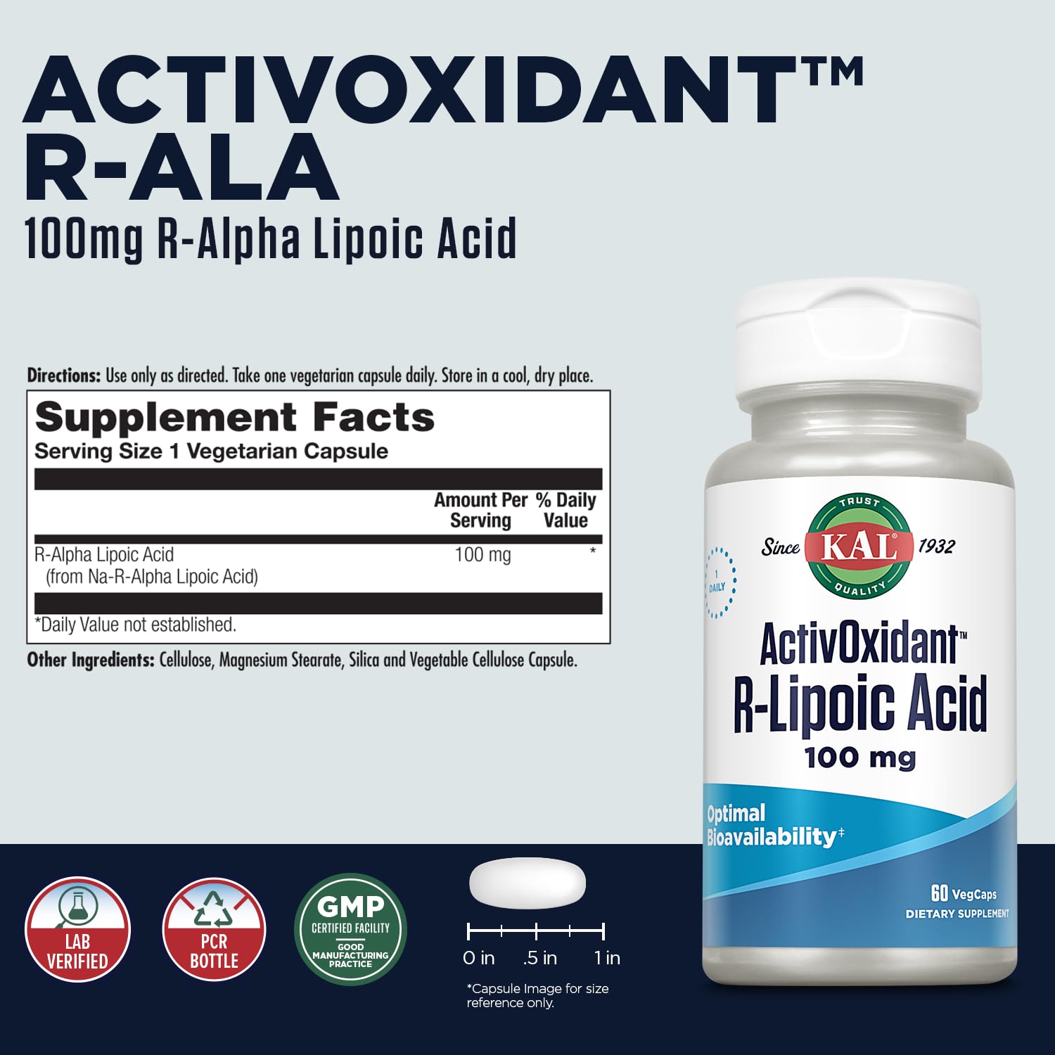 Close-up of ActivOxidant R-Lipoic Acid capsule
