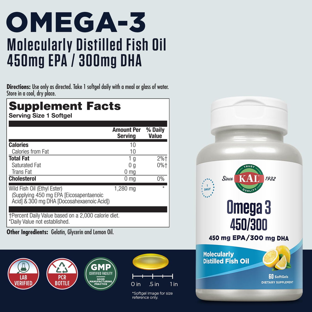 Lemon-flavored omega-3 soft gels capsules next to bottle