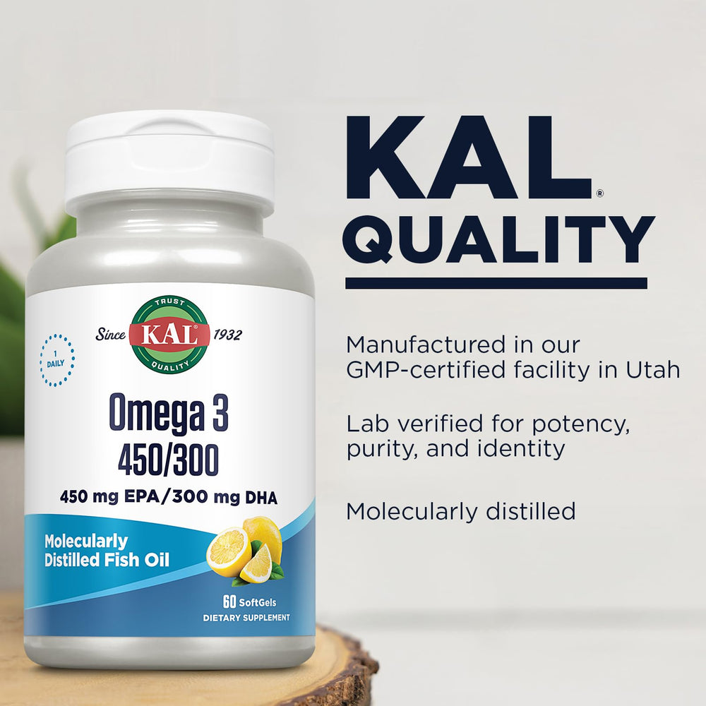 Supplement facts panel for KAL Omega-3 Lemon Soft Gels