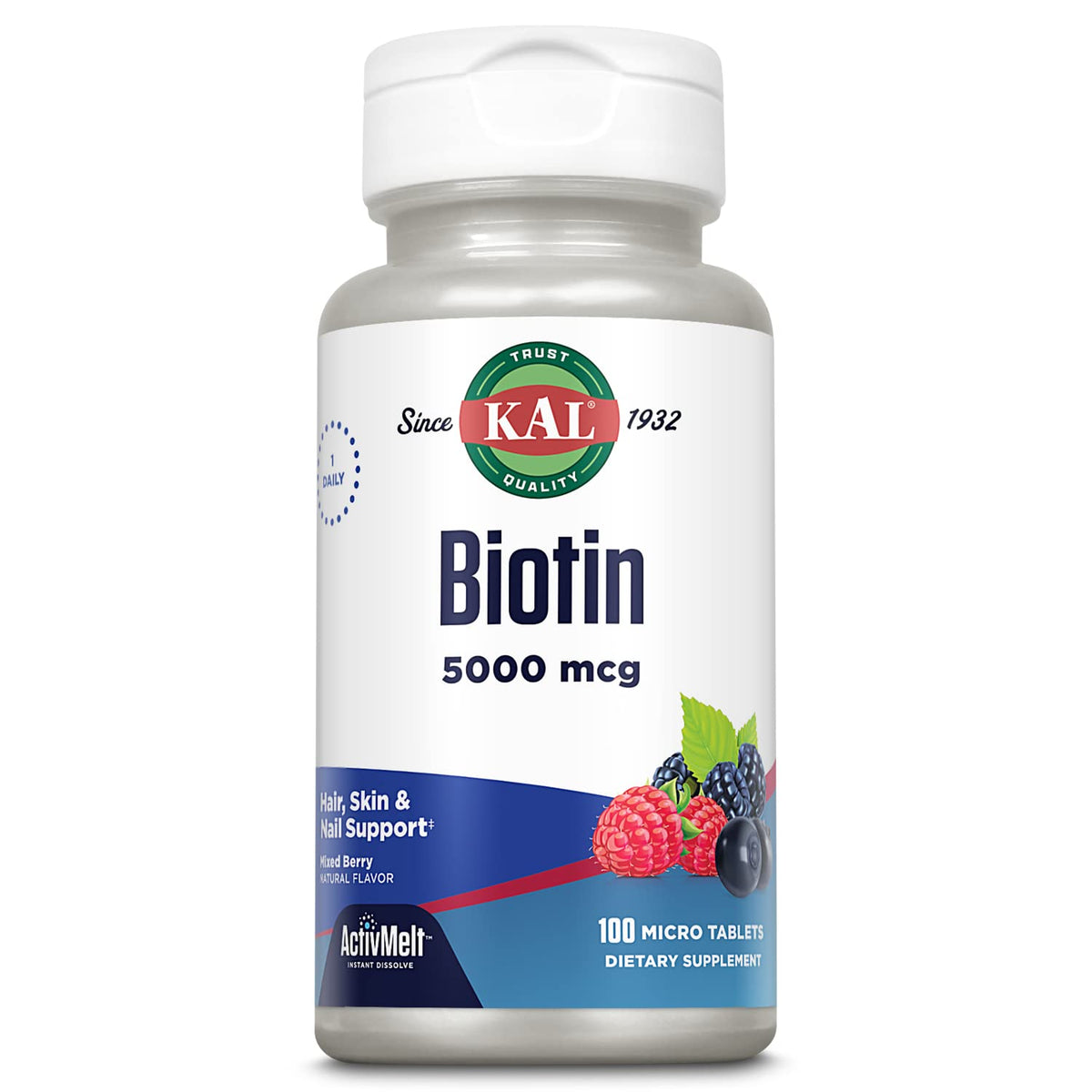 KAL Biotin 5000mcg mixed berry tablets bottle – front view
