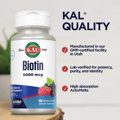 Back nutrition label for KAL Biotin 5000mcg bottle