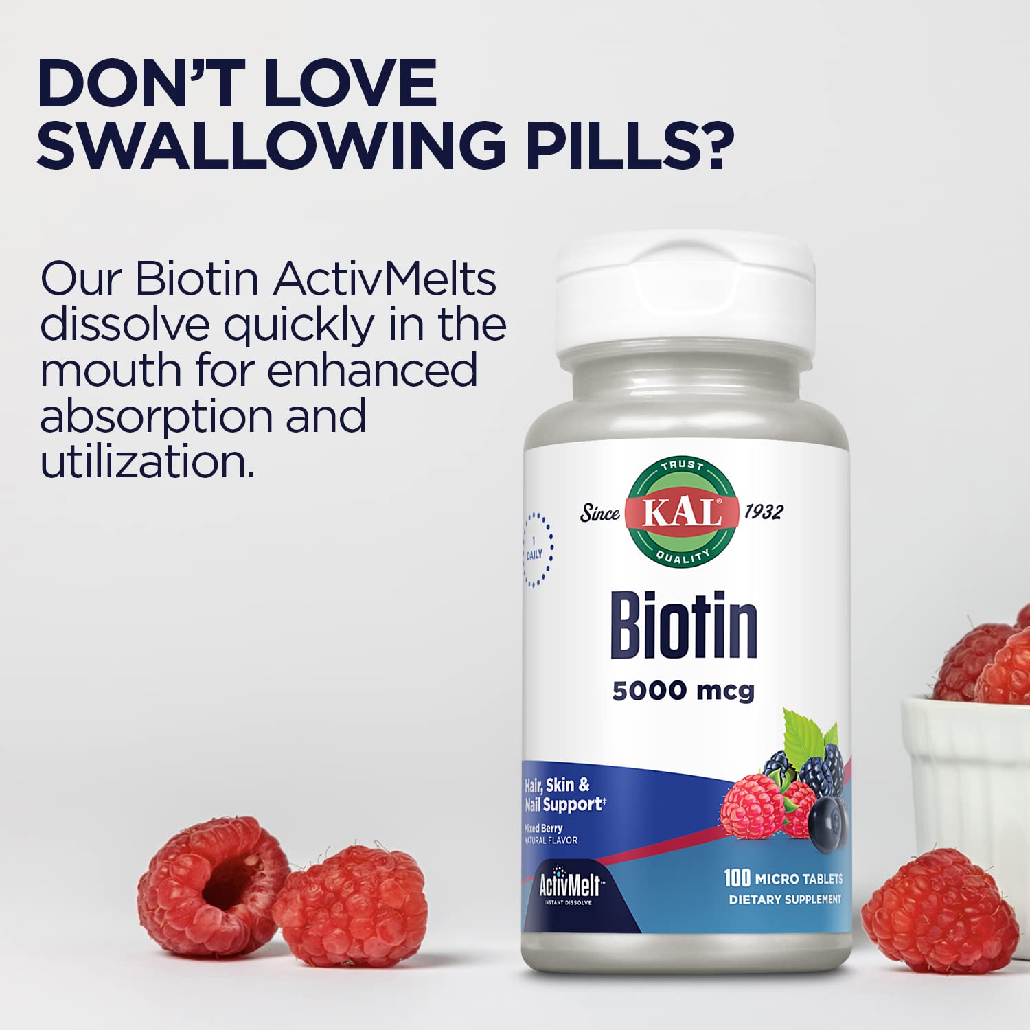 Vegetarian-friendly biotin supplement packaging