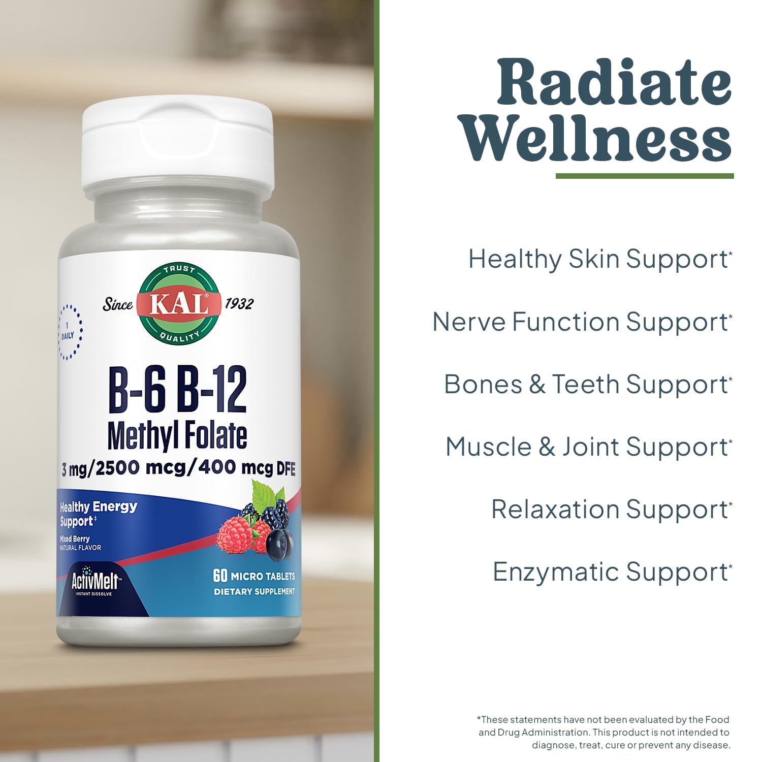 Vitamin B6, B12 and folate blend in ActivMelt tablets with berry flavor