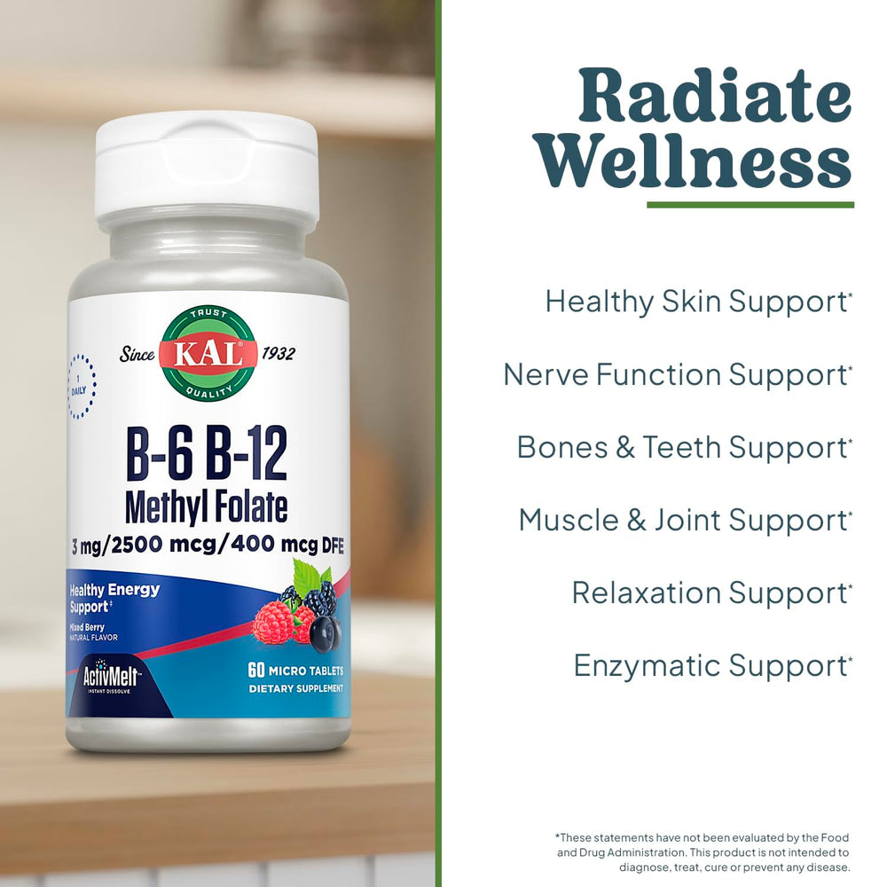 Vitamin B6, B12 and folate blend in ActivMelt tablets with berry flavor