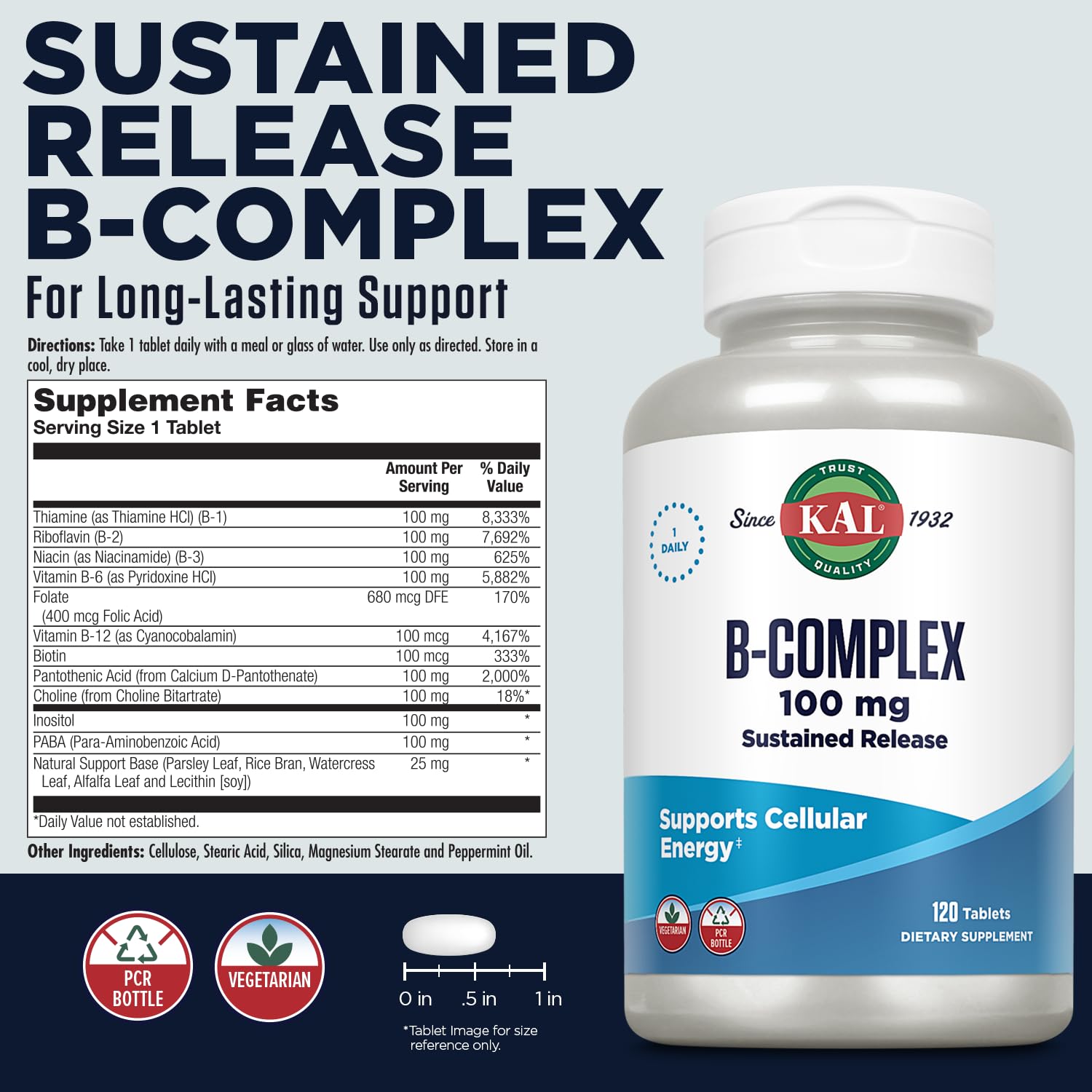 KAL B-100 Complex bottle label and nutrition facts