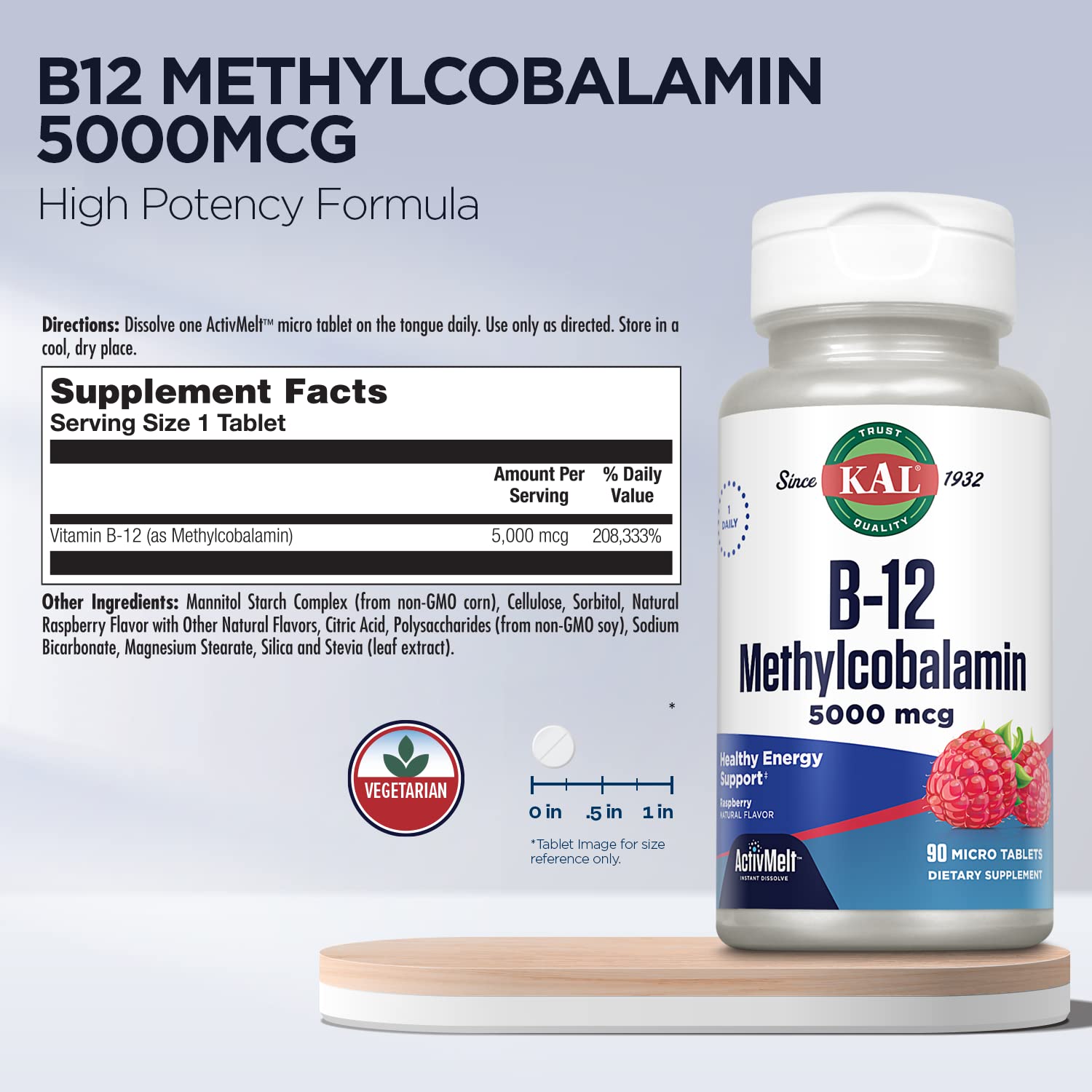 Label showing 5,000 mcg B-12 per serving and 90 servings