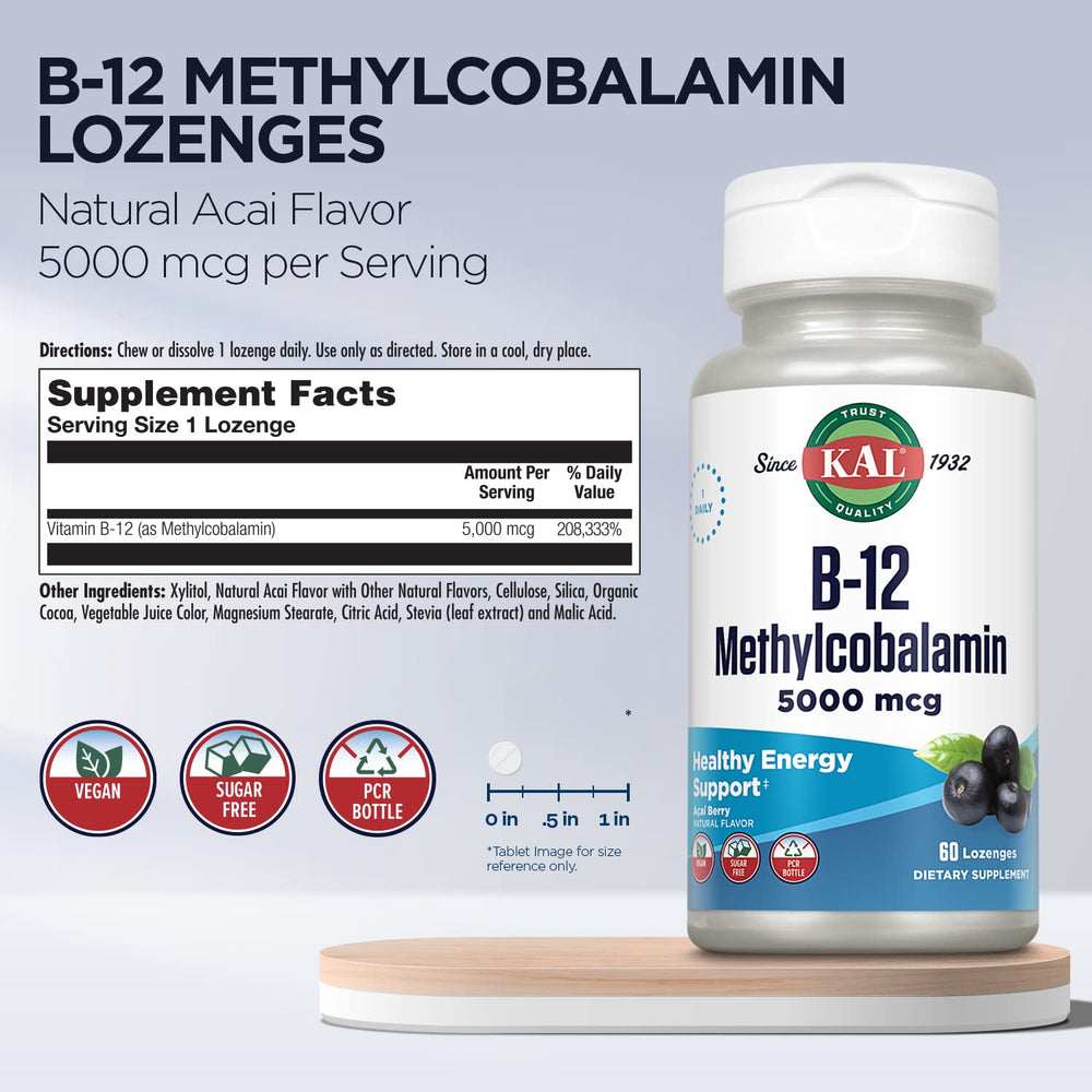 Box packaging for KAL Vitamin B-12 Methylcobalamin lozenges, vegan and sugar-free