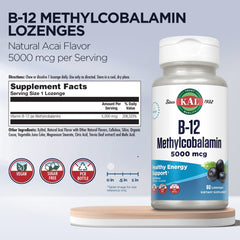 Box packaging for KAL Vitamin B-12 Methylcobalamin lozenges, vegan and sugar-free