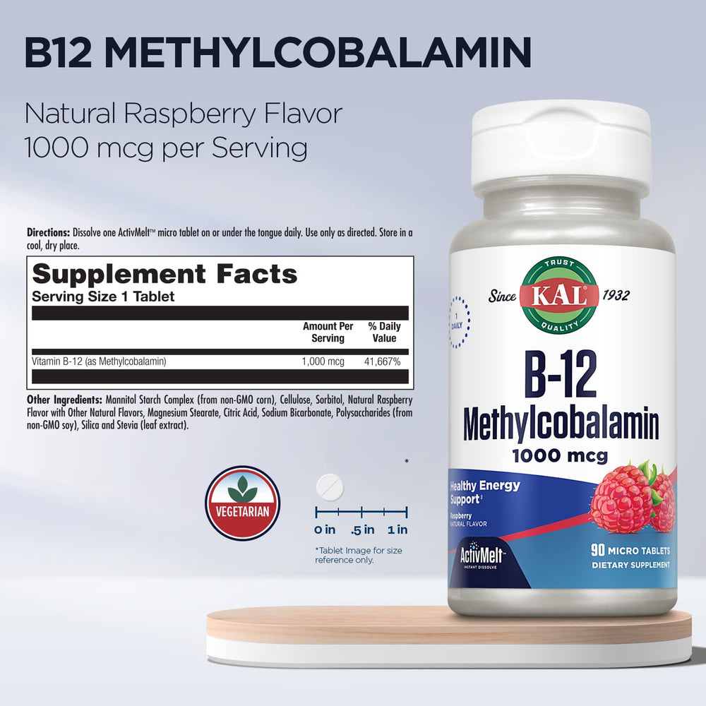 Product bottle label for KAL Vitamin B12 Methylcobalamin 1000mcg