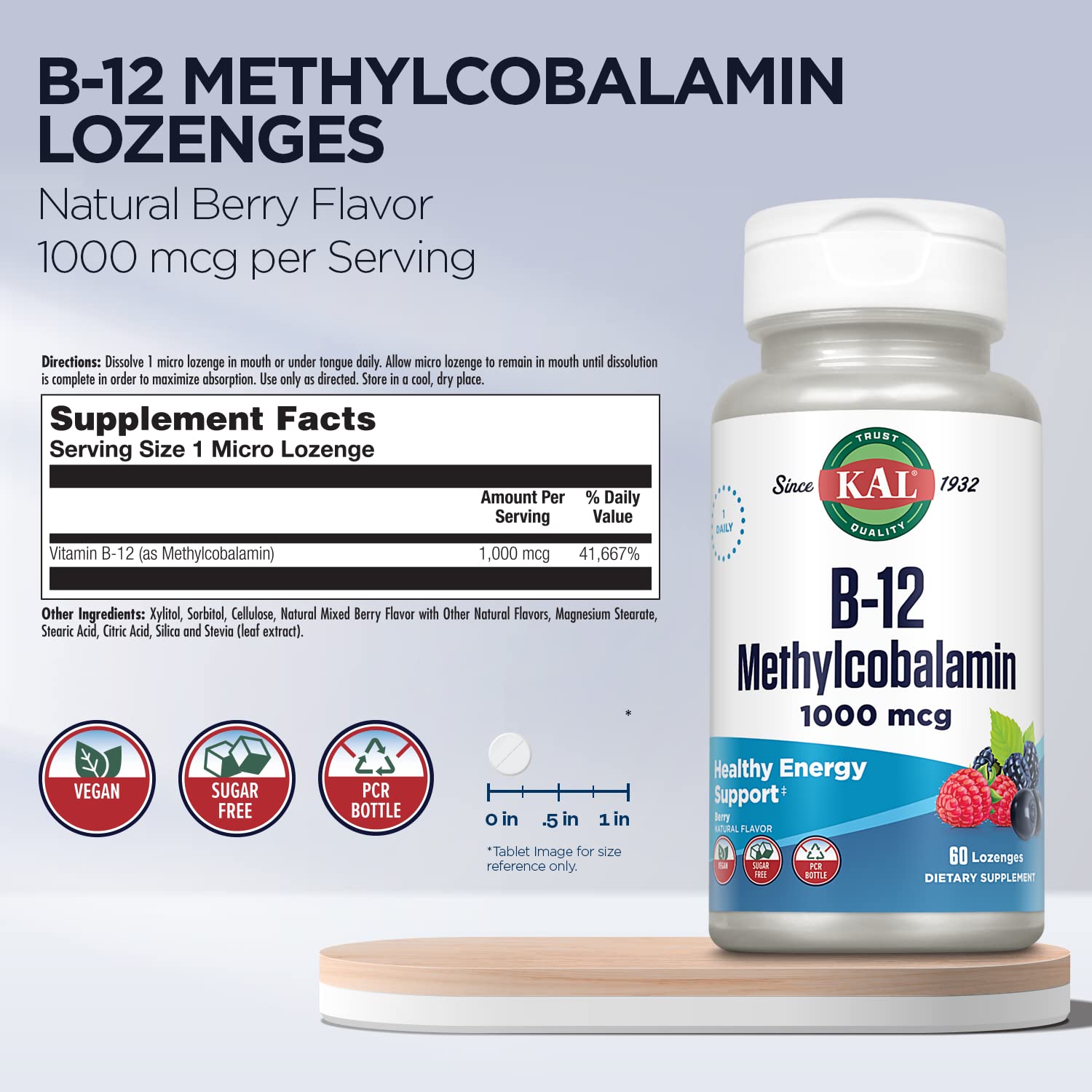 Vegan and sugar-free label on KAL B-12 lozenges packaging