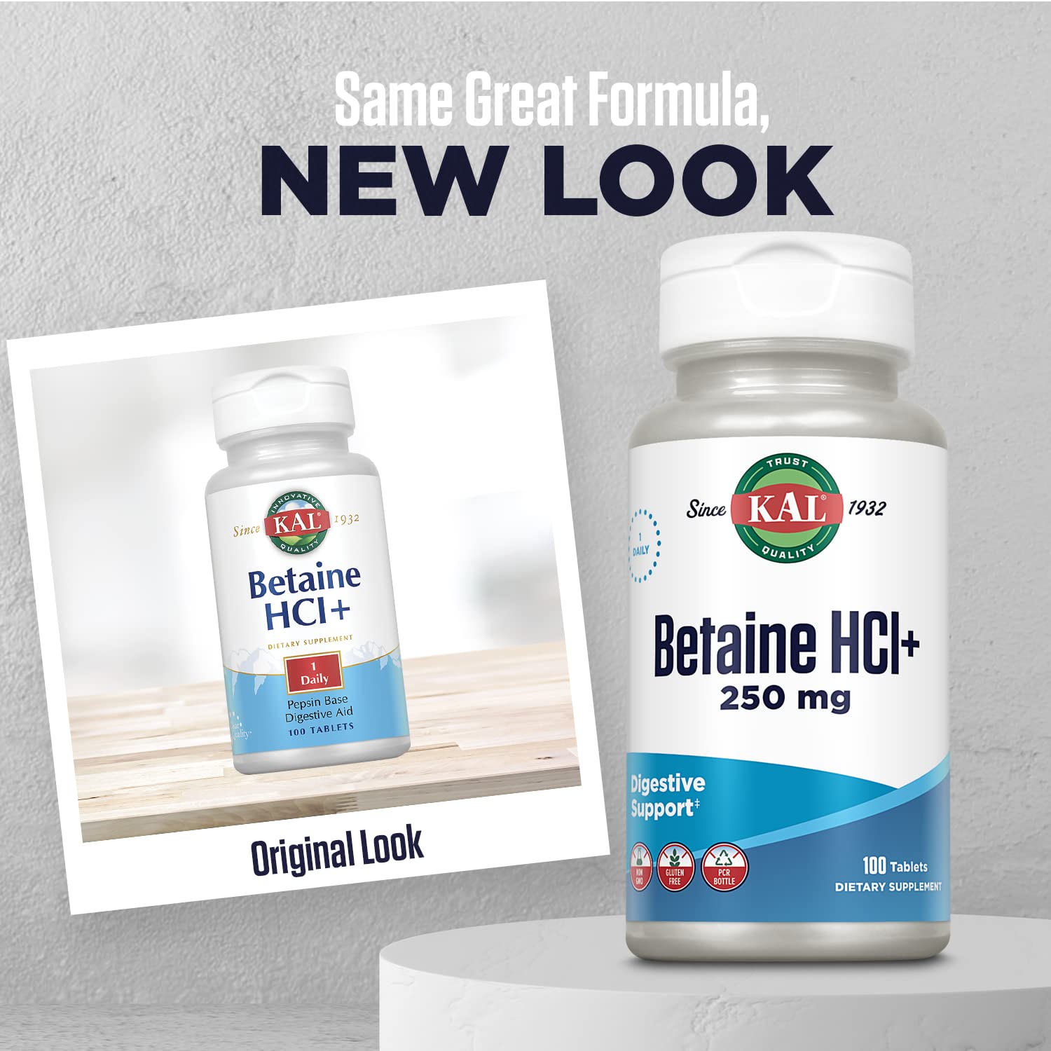 Front view of KAL Betaine HCl with Pepsin label - digestive health supplement