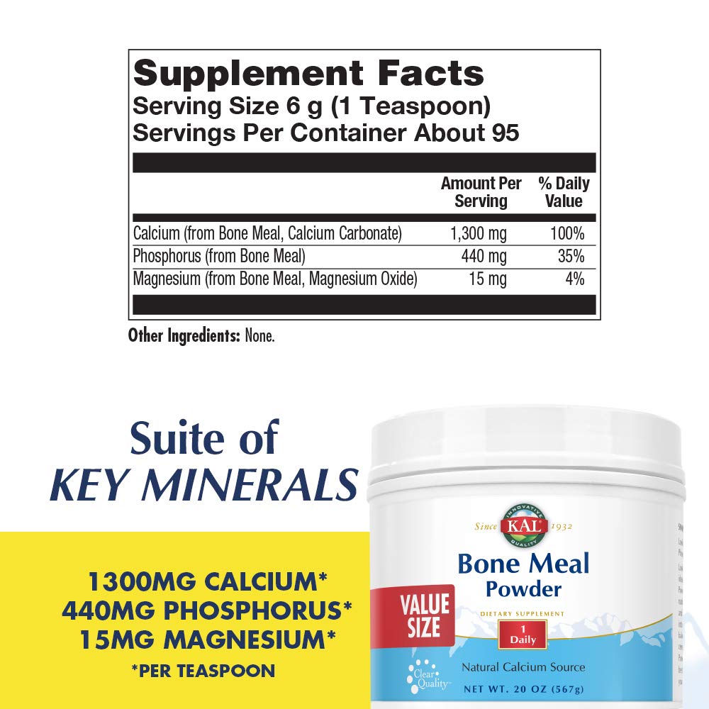 KAL Bone Meal Powder bottle with packaging display.