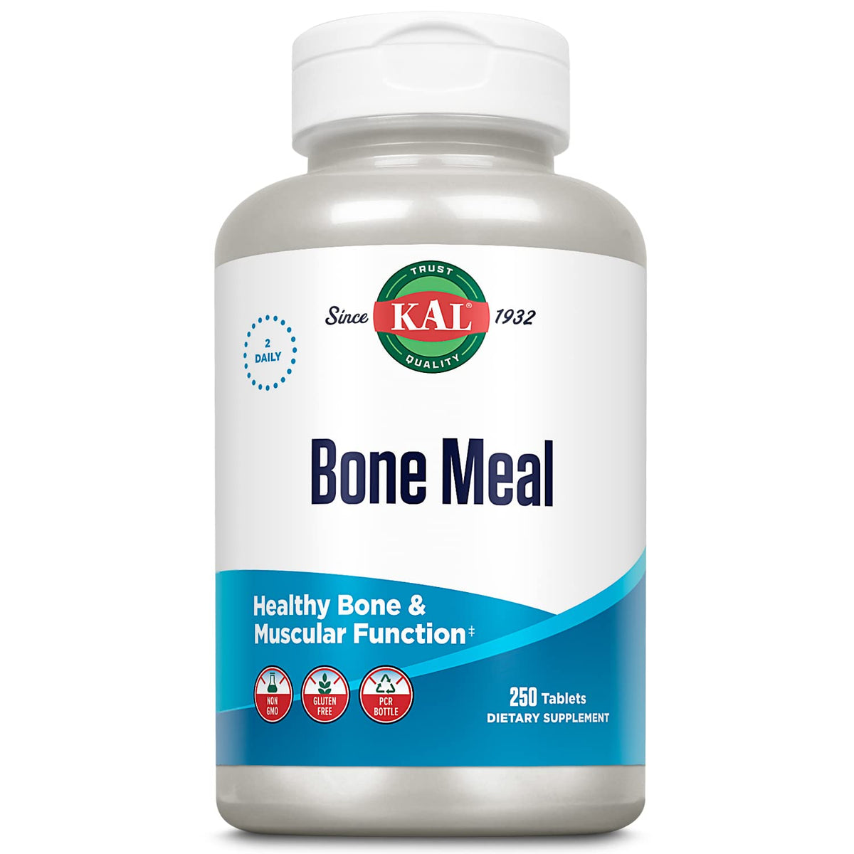 Front view of KAL Bone Meal Tablets bottle with label