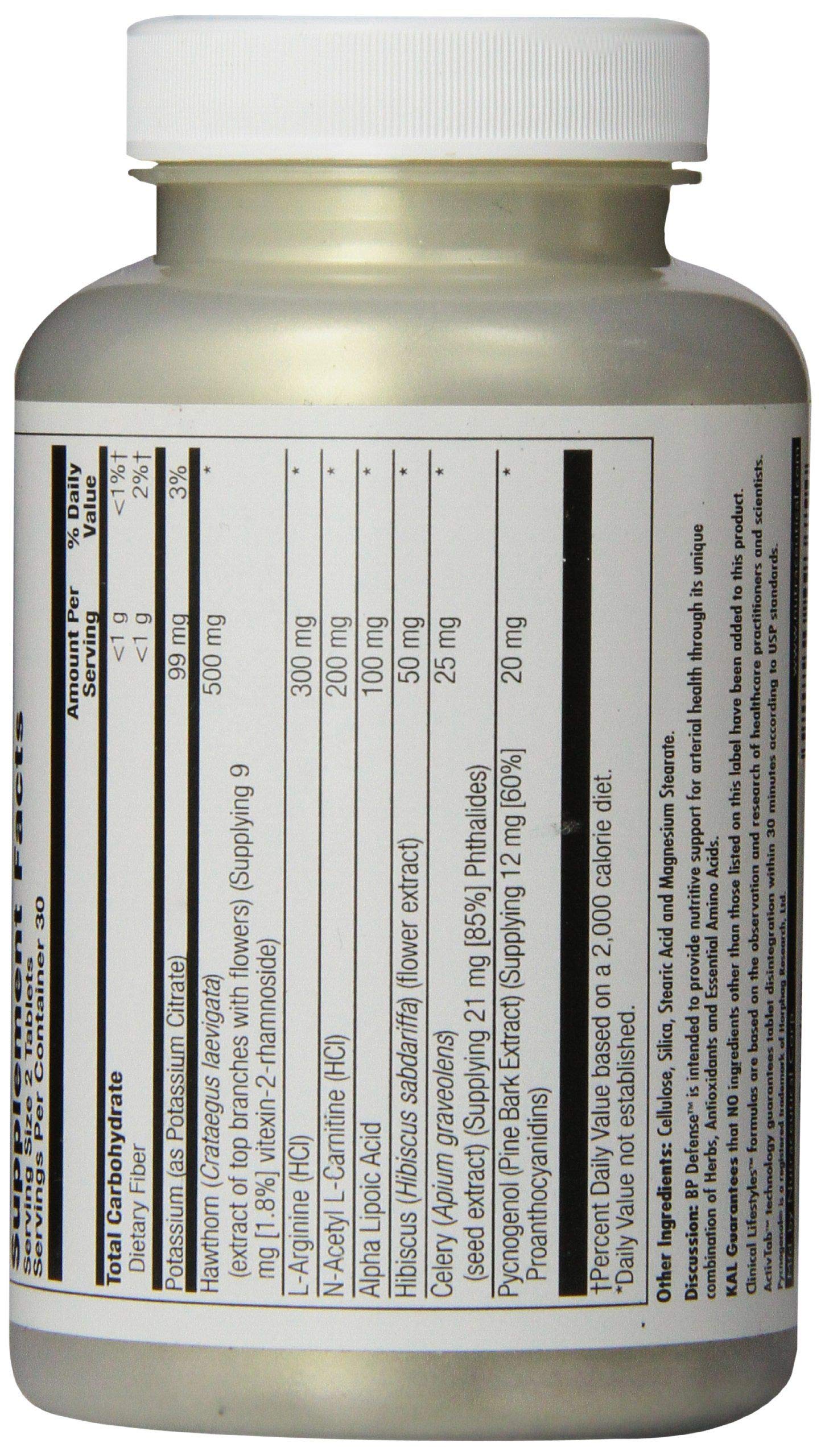Supplement facts panel for KAL BP Defense Tablets