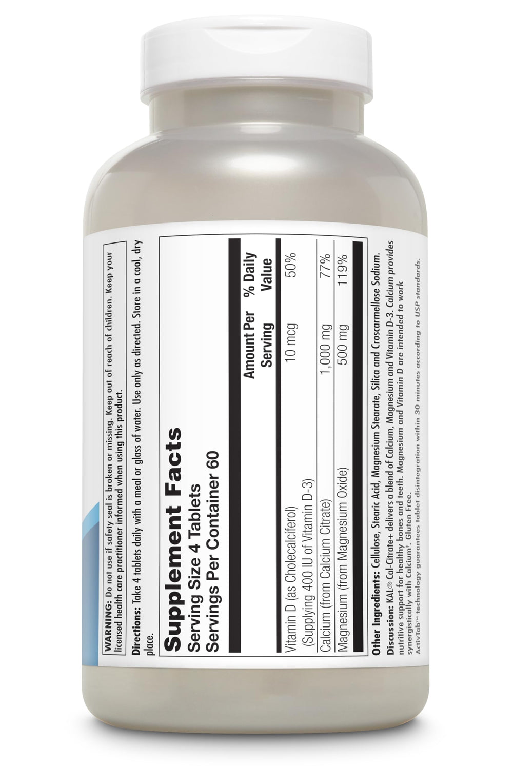 Close-up of KAL Cal-Citrate+ bottle