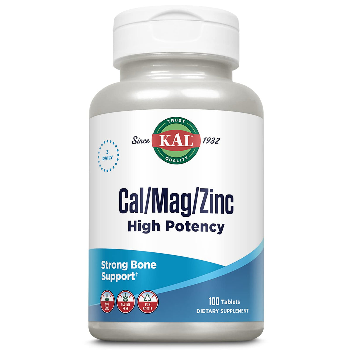 KAL Cal/Mag/Zinc bottle label showing 1000mg Calcium, 400mg Magnesium, 15mg Zinc