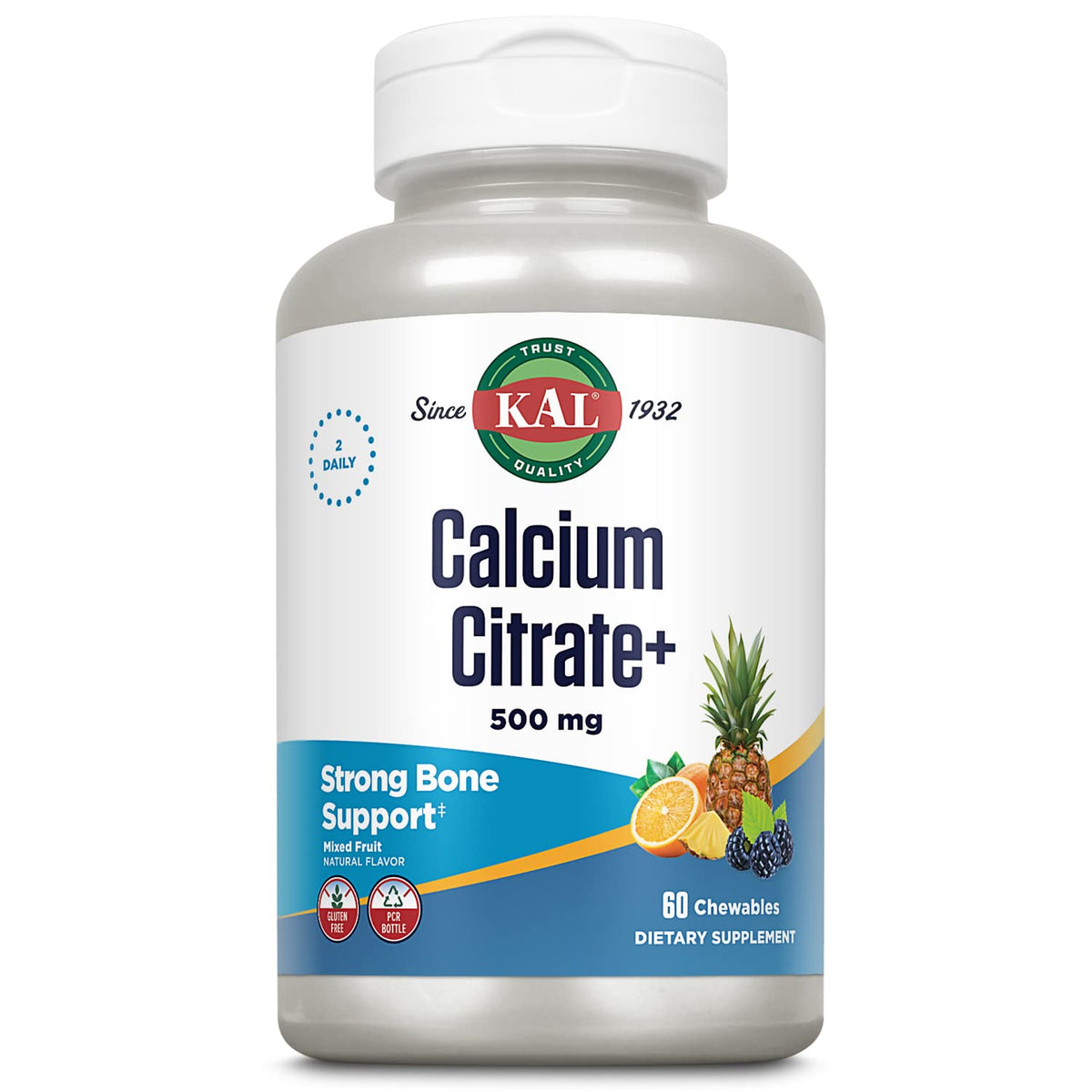 KAL Calcium Citrate Chewable Mixed Fruit bottle and tablets