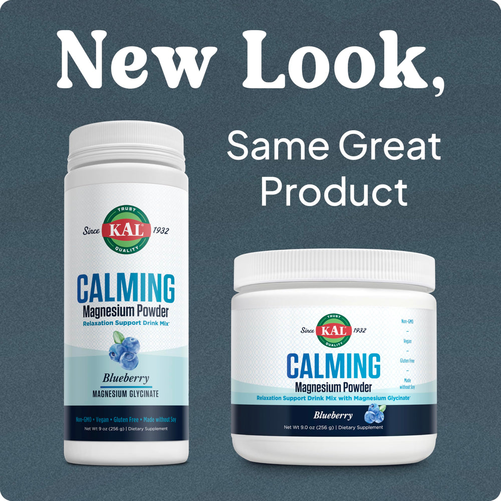 Nutrition facts label for KAL Calming Magnesium Powder Blueberry