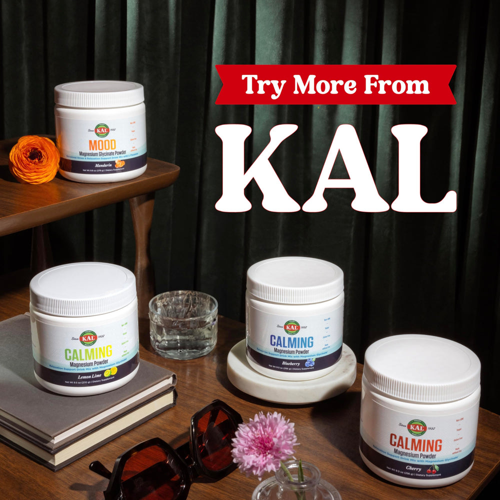 Product packaging box and canister for KAL Calming Magnesium Powder Blueberry