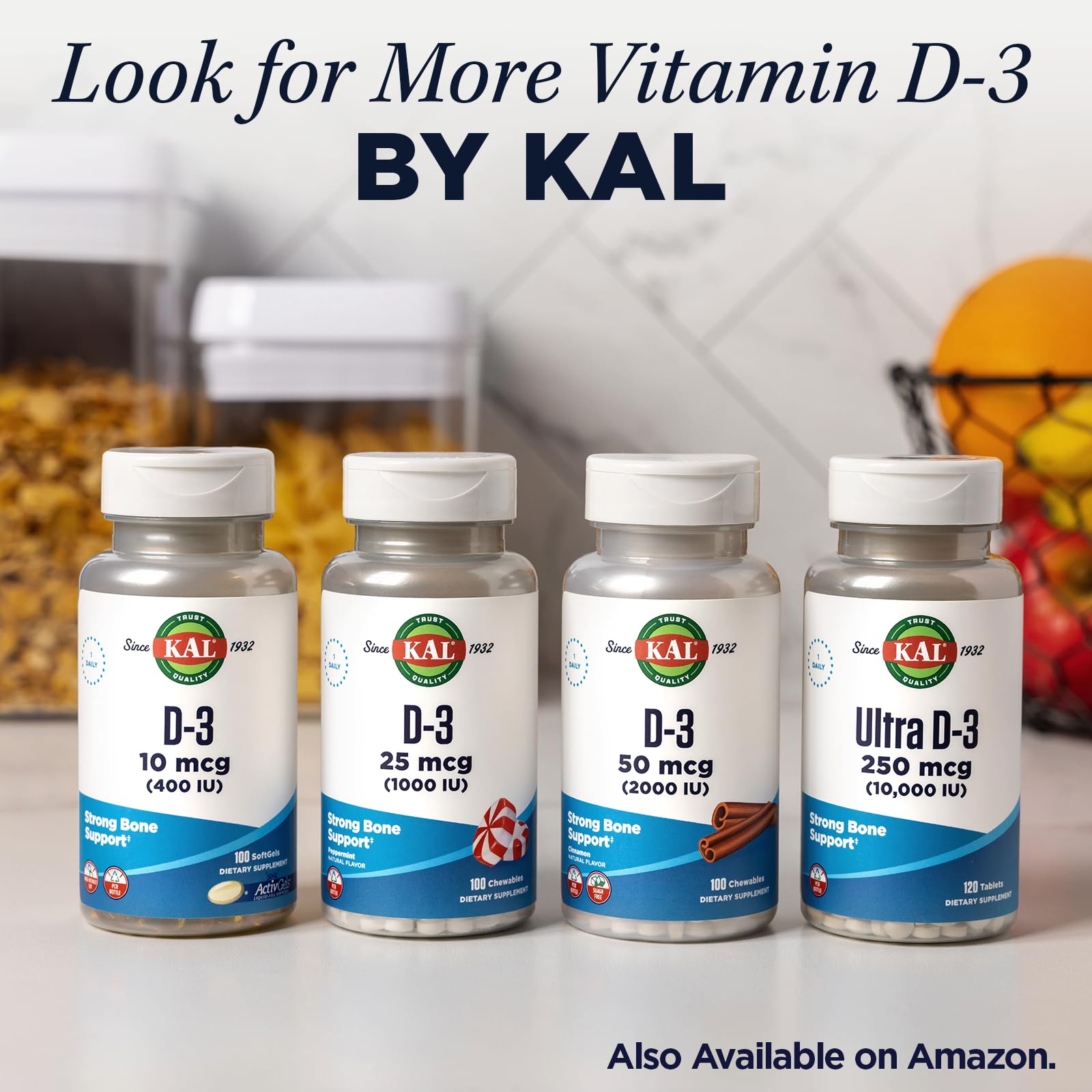 Nutrition and serving info for KAL Vitamin D3 DropIns (approximately 590 servings)