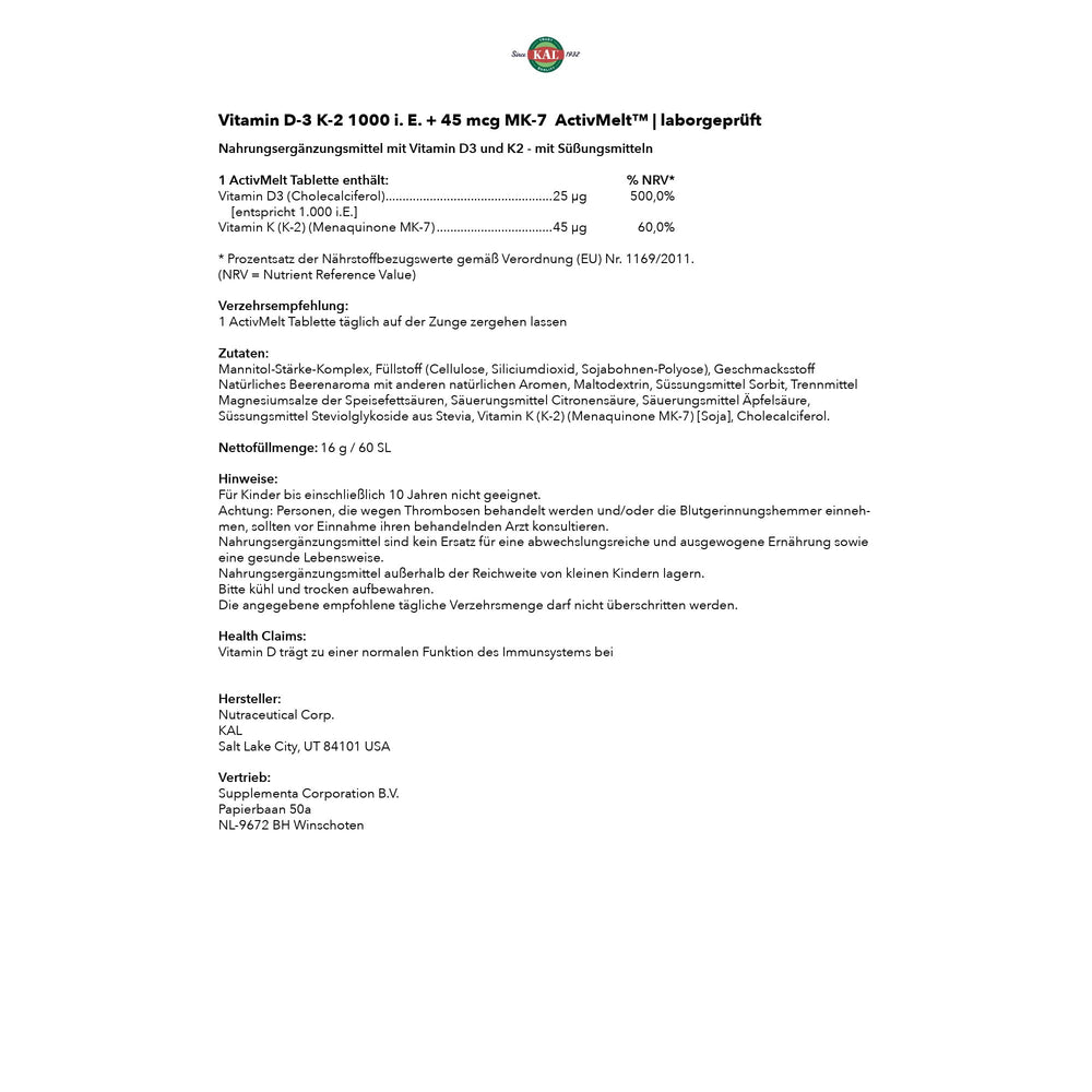 Kal Vitamin D3 K2 ActivMelt label close-up showing ingredients