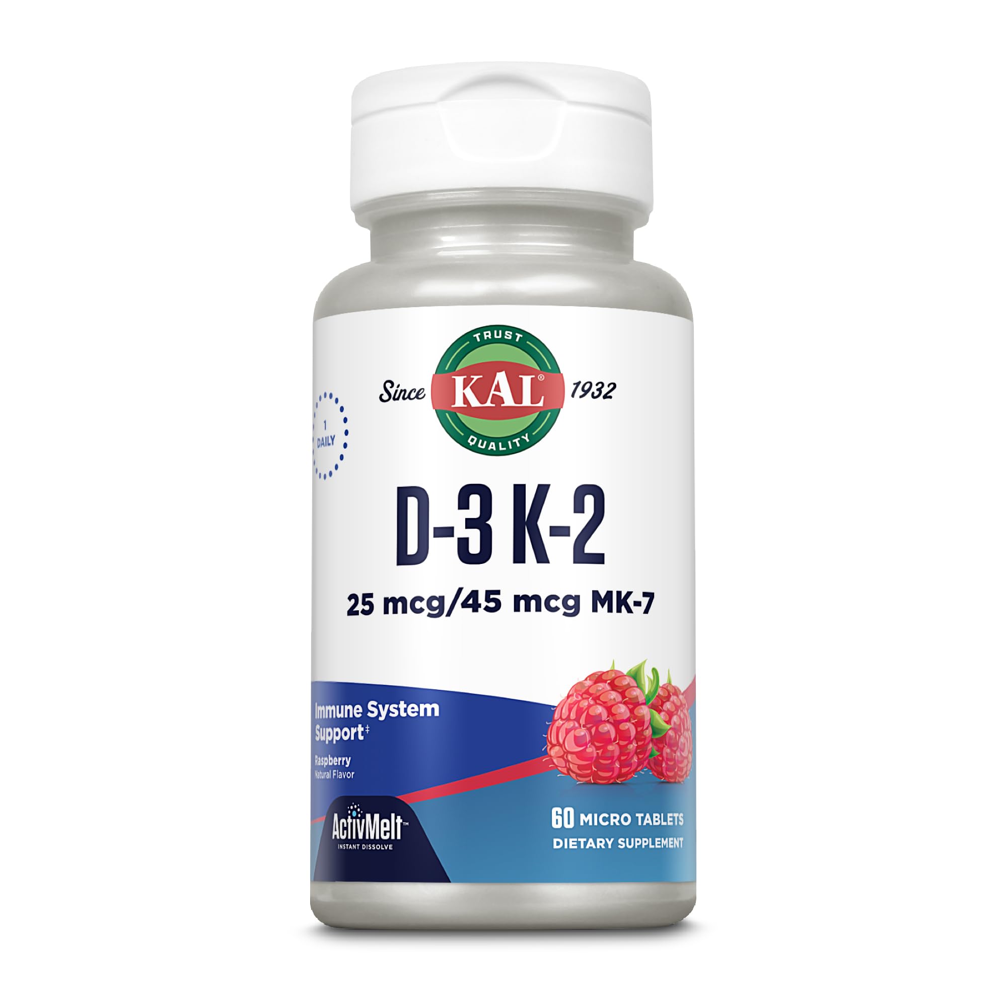 Close-up of KAL Vitamin D3 K2 ActivMelt raspberry-flavored dissolvable tablets