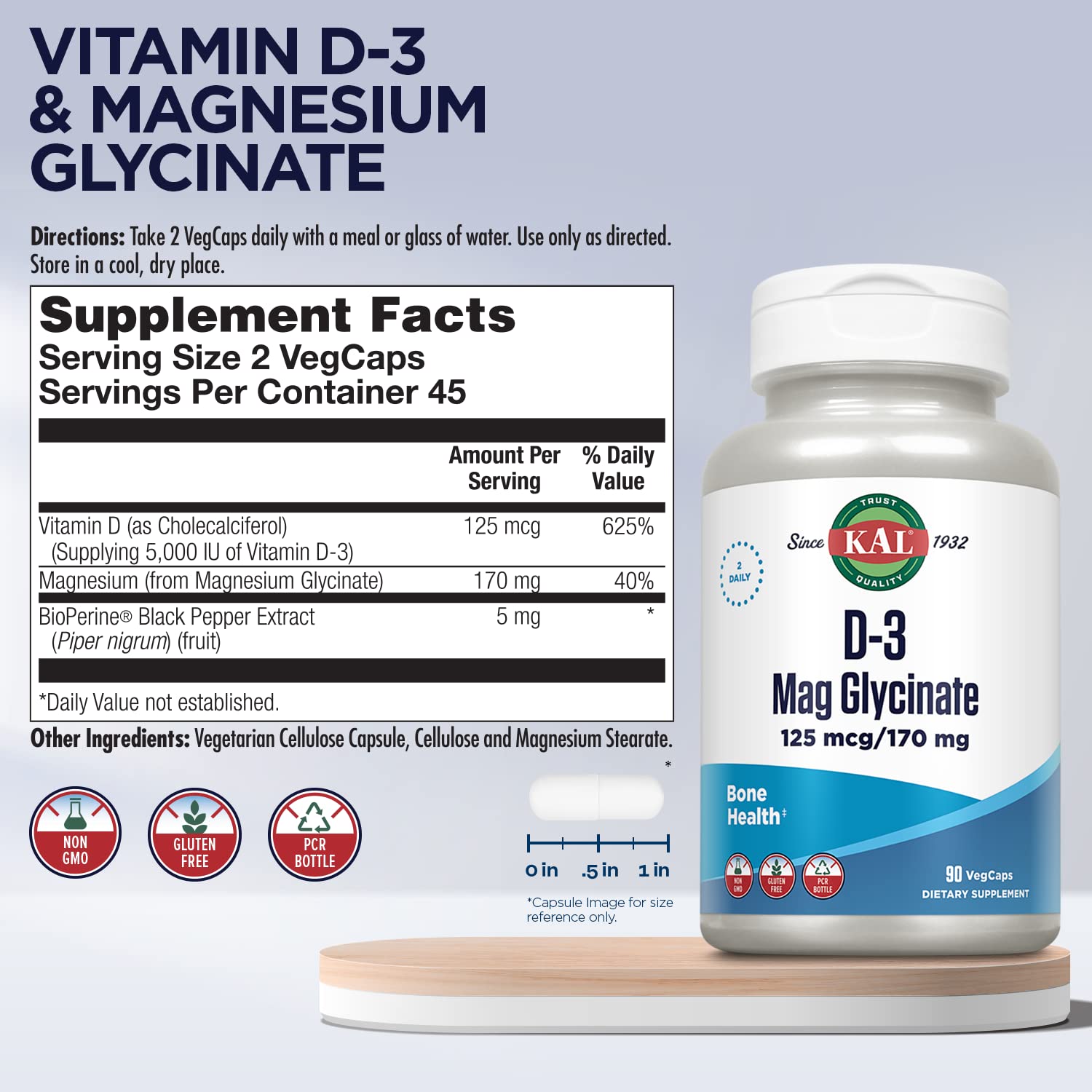 Product label showing Vitamin D3 (125 mcg) and Magnesium Glycinate