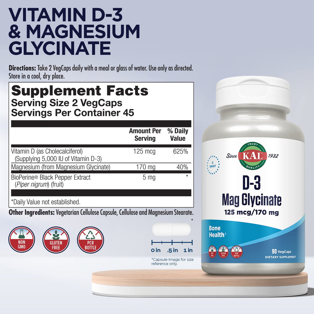 Product label showing Vitamin D3 (125 mcg) and Magnesium Glycinate