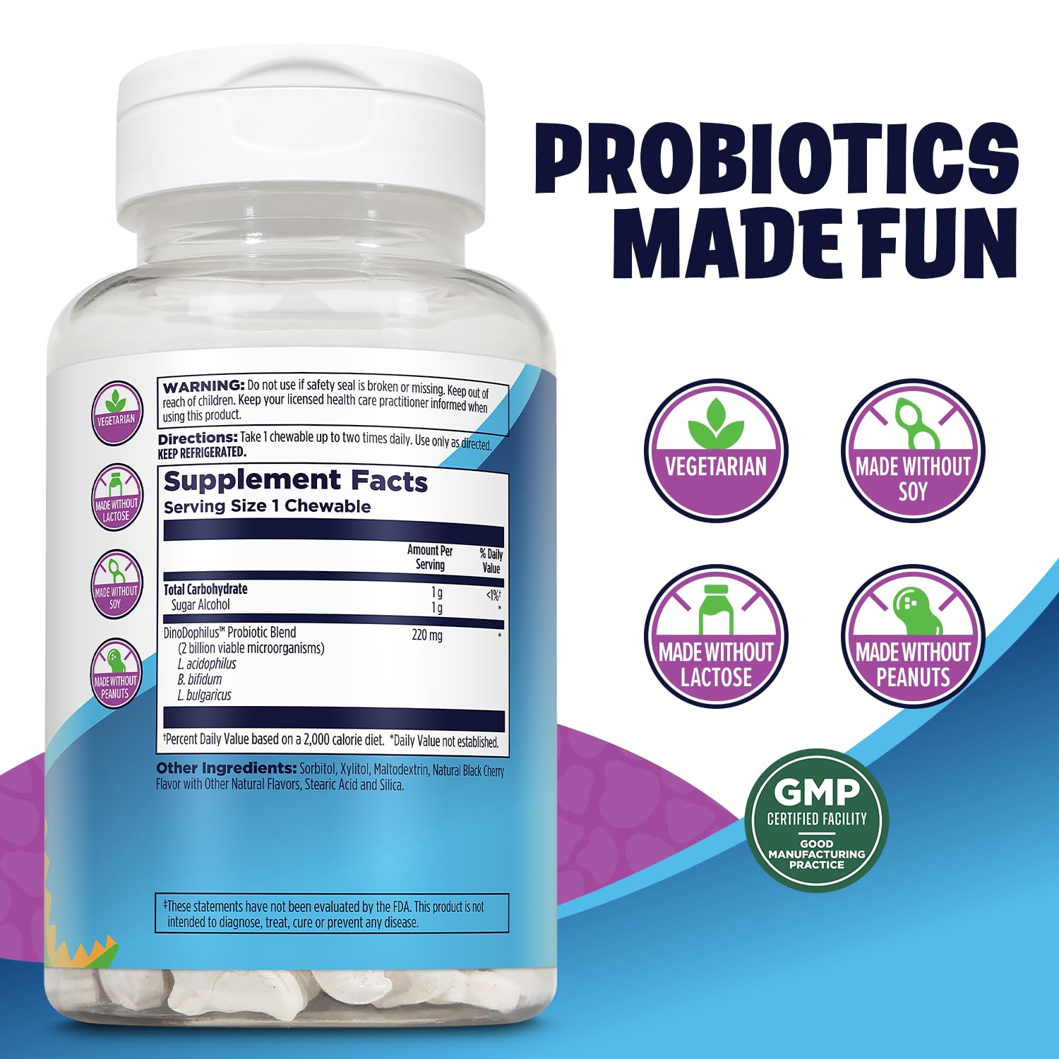 Chewable dinosaur-shaped probiotic tablets for kids