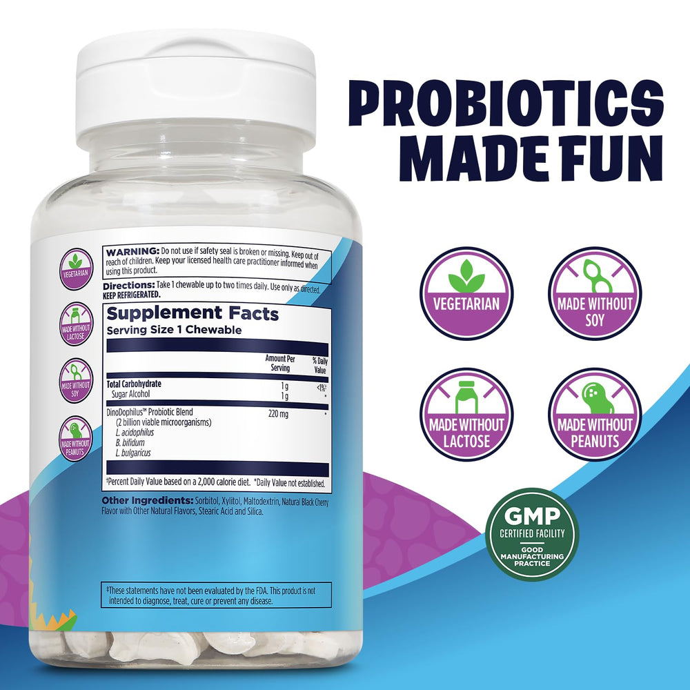 Chewable dinosaur-shaped probiotic tablets for kids