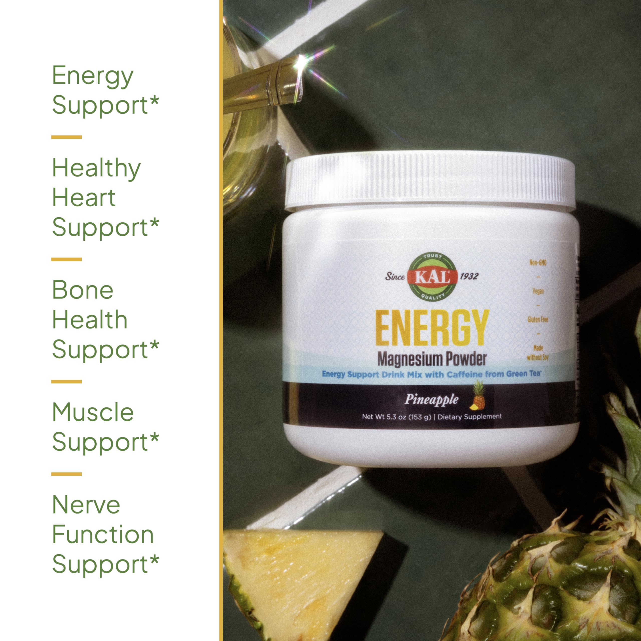 Prepared energy drink showing pineapple flavor and green tea caffeine