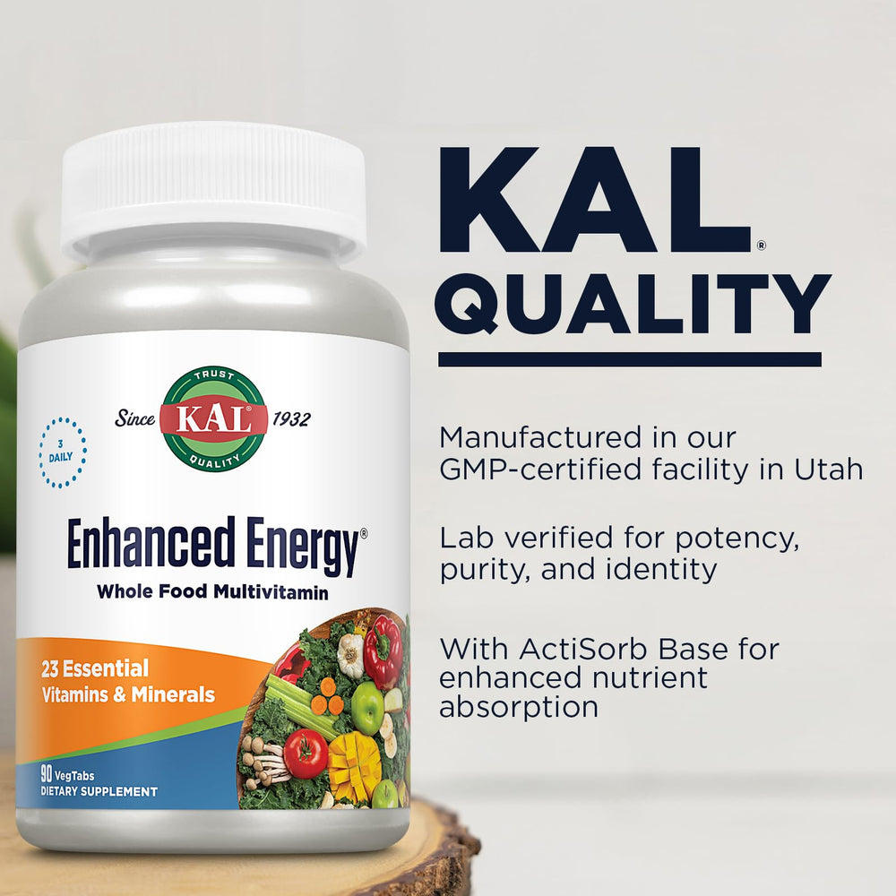Illustration of Kal Enhanced Energy ingredients: vitamins minerals enzymes amino acids and green foods